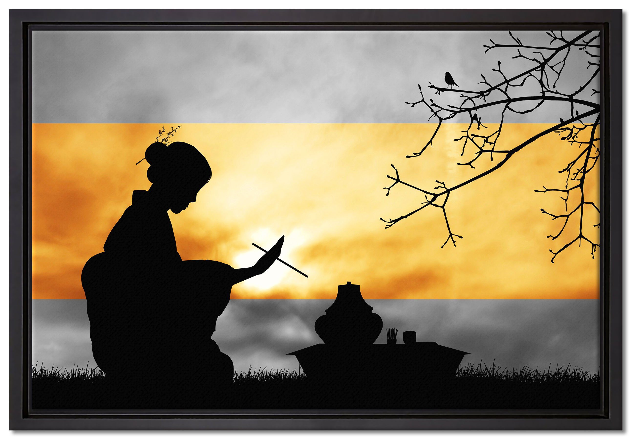 Pixxprint Leinwandbild Geisha bei Teezeremonie, Wanddekoration (1 St), Leinwandbild fertig bespannt, in einem Schattenfugen-Bilderrahmen gefasst, inkl. Zackenaufhänger | Leinwandbilder