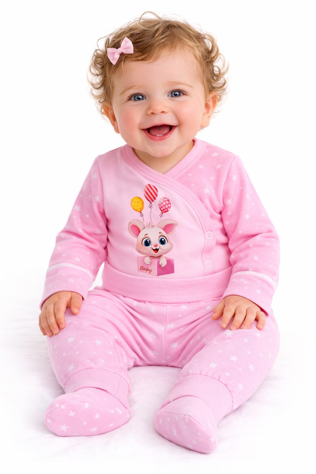 Wickelbody Body mit Kratzschutz und Hose Baby Anzug in Rosa mit Hasen
