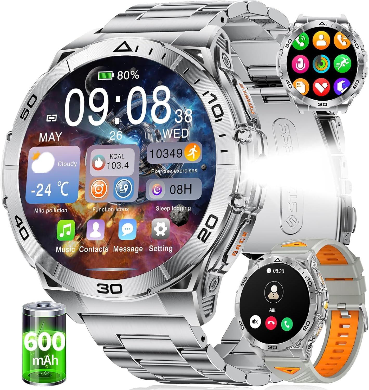 SUNKTA EF16-C Smartwatch (4 cm, android ios), Smartwatch mit AMOLED Display Taschenlampe Bluetooth Telefonie Fitness