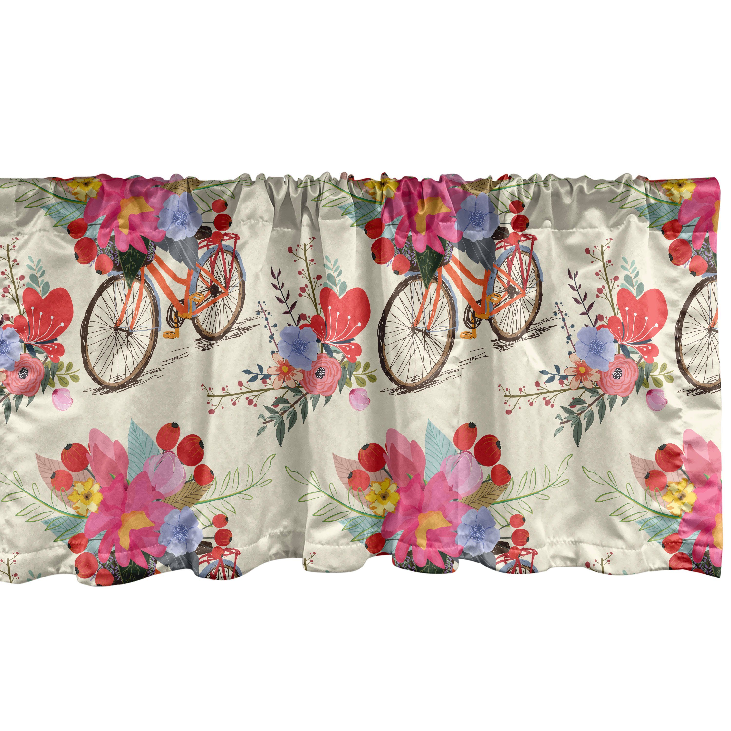 Scheibengardine Vorhang Volant für Küche Schlafzimmer Dekor mit Stangentasche, Abakuhaus, Microfaser, Frühling Blumen und Fahrrad-Muster