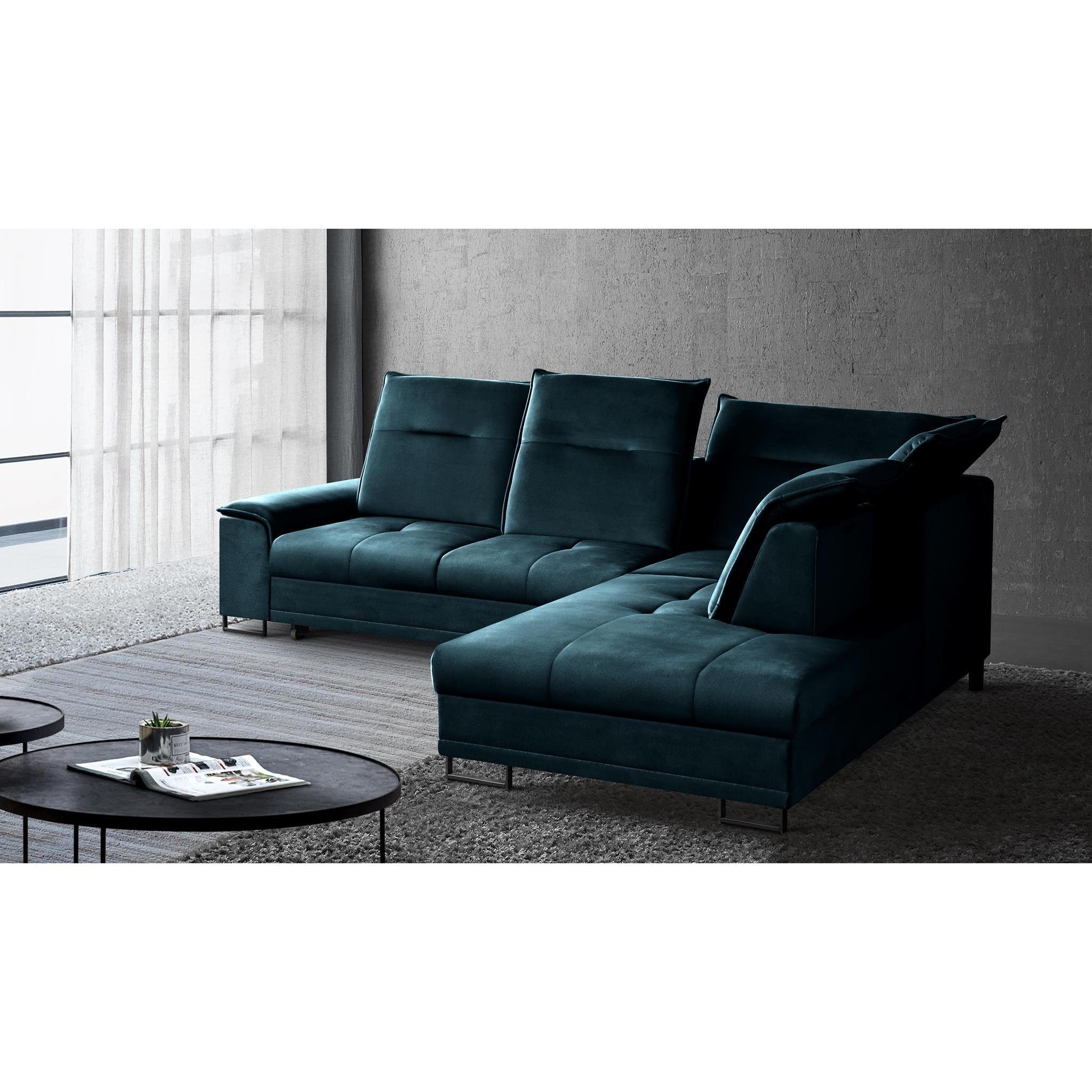 Beautysofa Ecksofa Bruno L, moderne Polsterecke aus Velours, Schlaffunktion, Bettkasten, verstellbaren Kopfstützen, verschiebbare Rückenlehne, stilvoll Corner Sofa für Wohnzimmer Blau (element 13)