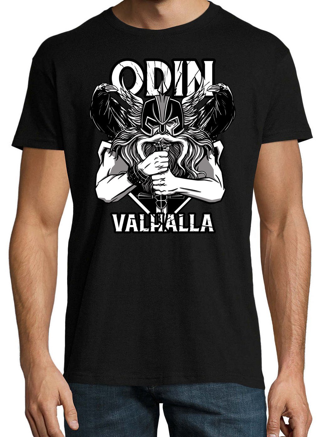 T-Shirt mit Odin Designz Herren Youth Schwarz Valhalla trendigem T-Shirt Spruch