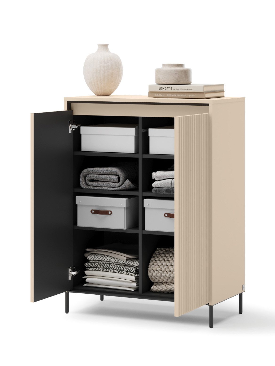 Compleo Garderoben-Set FLORE mit LED-Beleuchtung, geriffelte Front, Schuhschrank & Spiegel, Sandbeige, gepolsterte Sitzfläche, LED, platzsparend – Bild 5 von 5