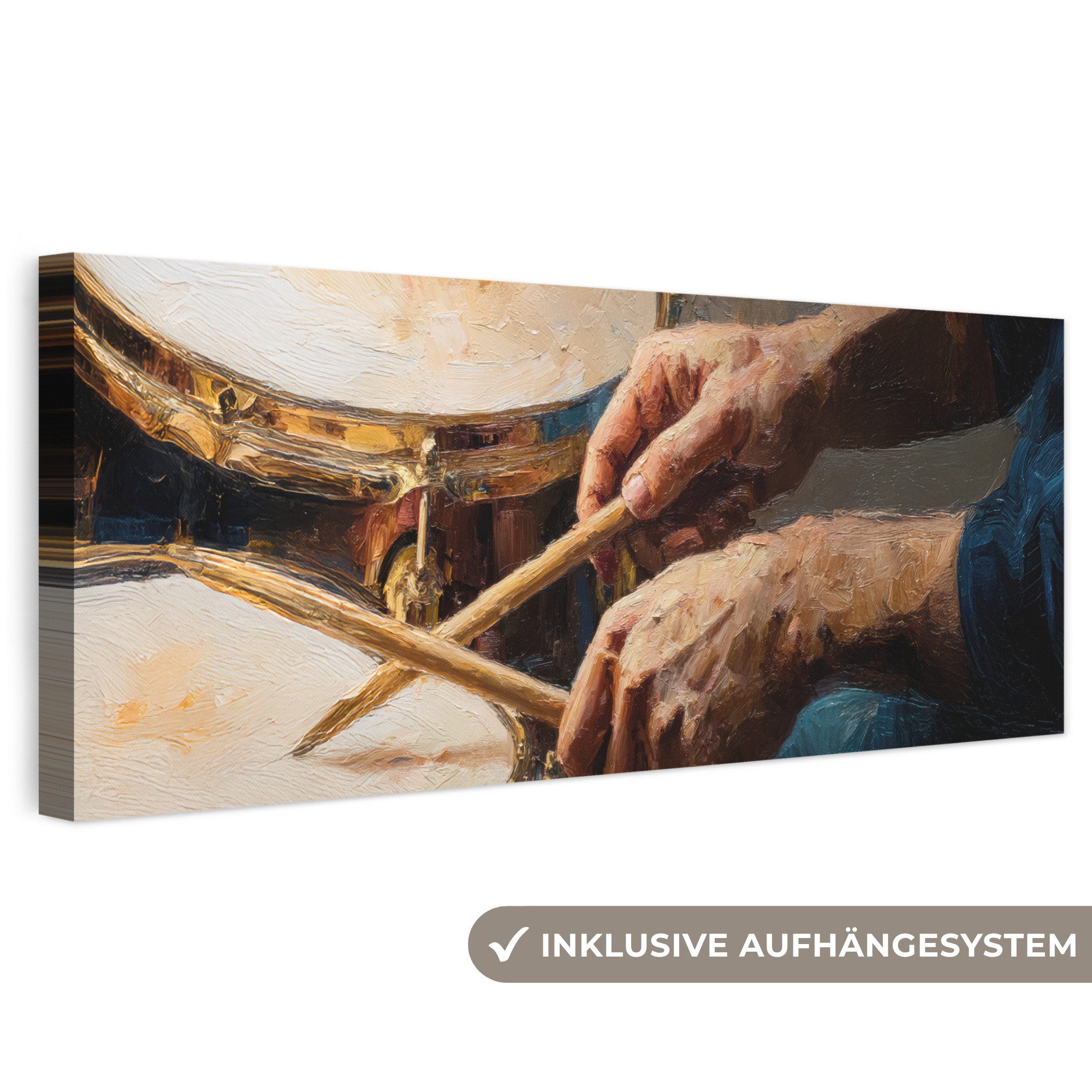 OneMillionCanvasses® Leinwandbild Panorama Schlagzeugstöcke - Ölfarbenoptik - Mann, Fotodruck (1 St), Wandbild, Deko Schlafzimmer Wohnzimmer Flur 60x20 cm