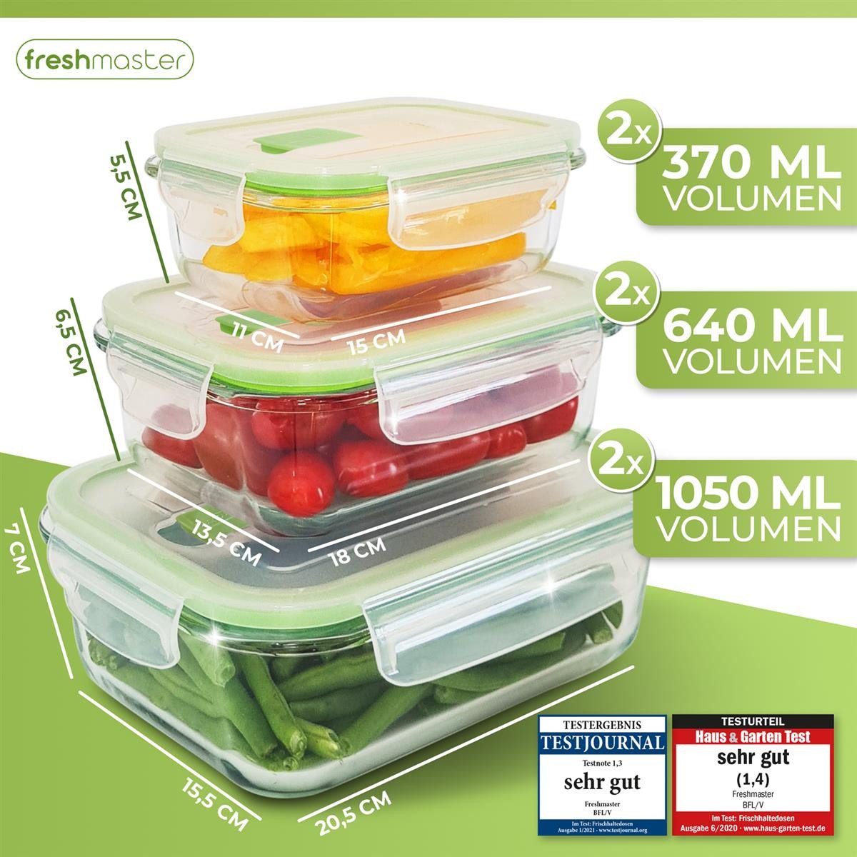 Fresh Master Frischhaltedose Vorratsdosen mit Deckel auslaufsicher Glas 12/16/18 tlg, Borosilikatglas, (Spar-Set, 12-tlg), 100% auslaufsichere + luftdichte Vorratsdosen mit Deckel