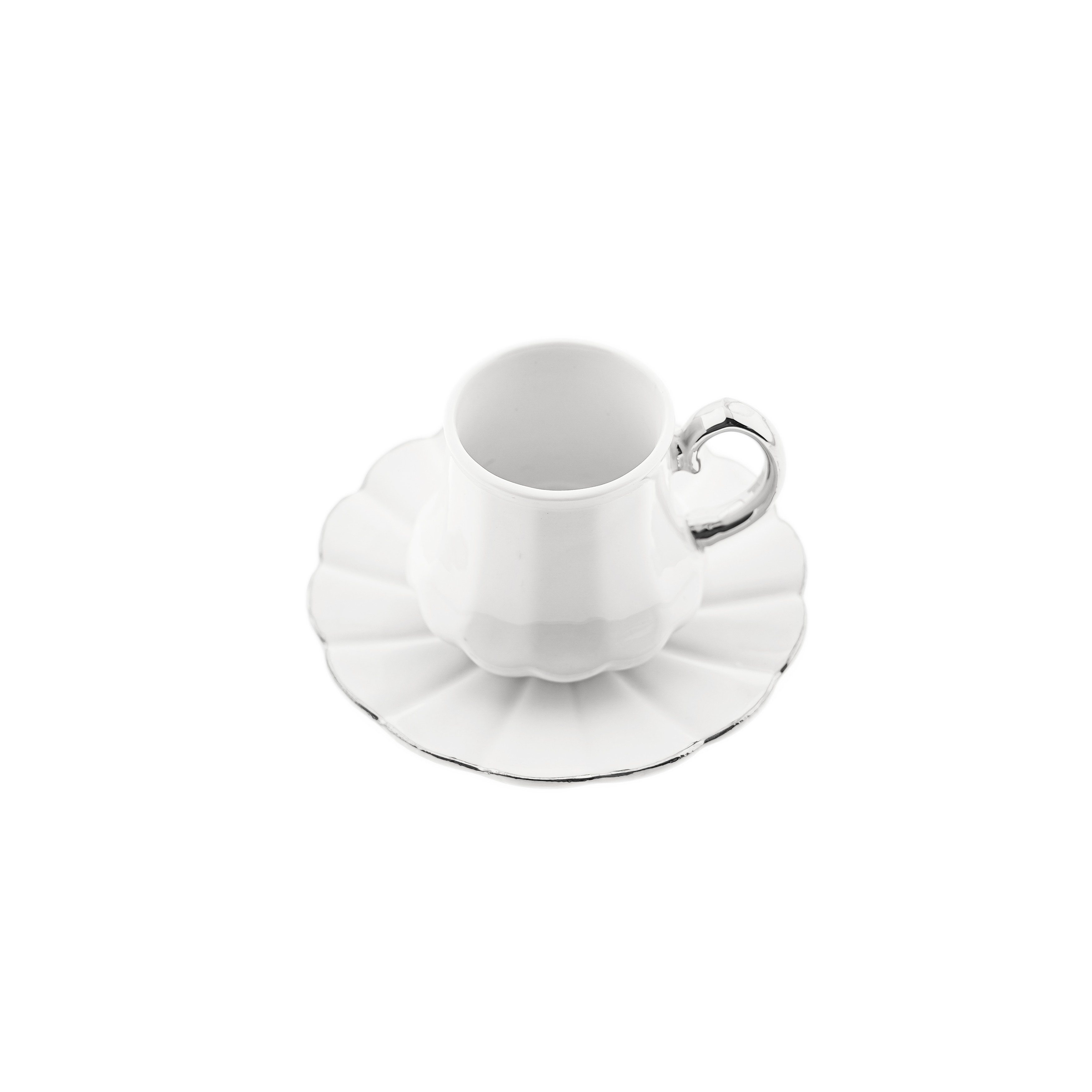 Mulex Kaffeeservice 12-teiliges Mokkatassen-Set aus Porzellan - Weiß & Silber, 100 ml (12-tlg), 6 Personen, Porzellan, 6x Mokkatassen, 6x Untertassen