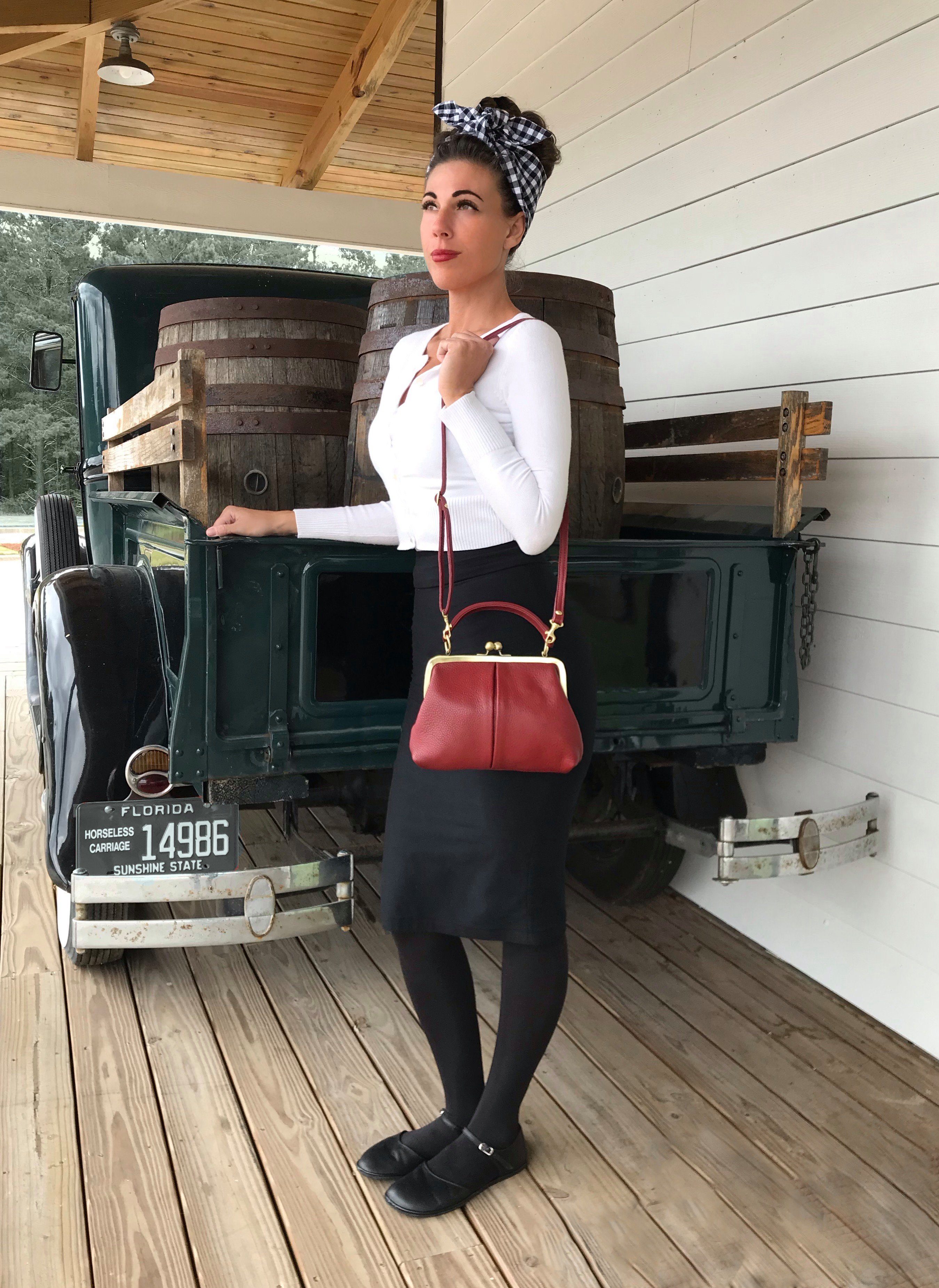 Taschenkinder Handtasche Damen Handtasche Leder "Kleine Olive", Umhängetasche, Vintage Stil., Echtleder Tasche mit Bügelverschluss
