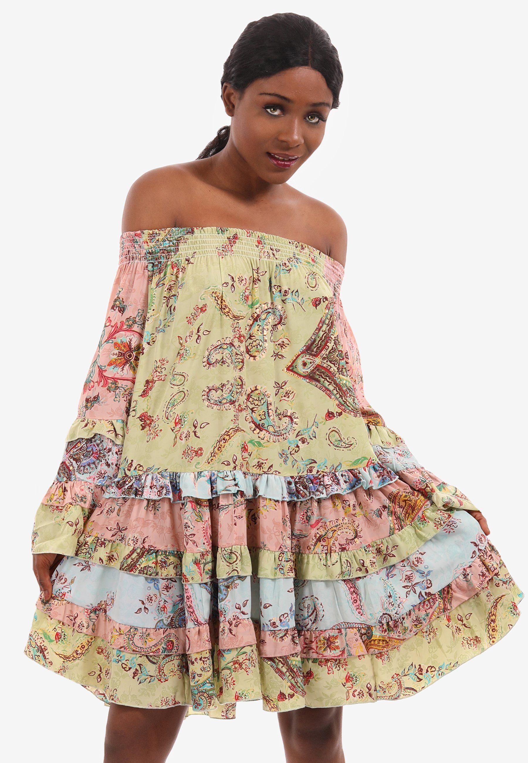 YC Fashion & Style Tunikakleid Tunika Kleid mit Carmen Ausschnitt (1-tlg) mit Volant, mit Blumenprint, Alloverdruck