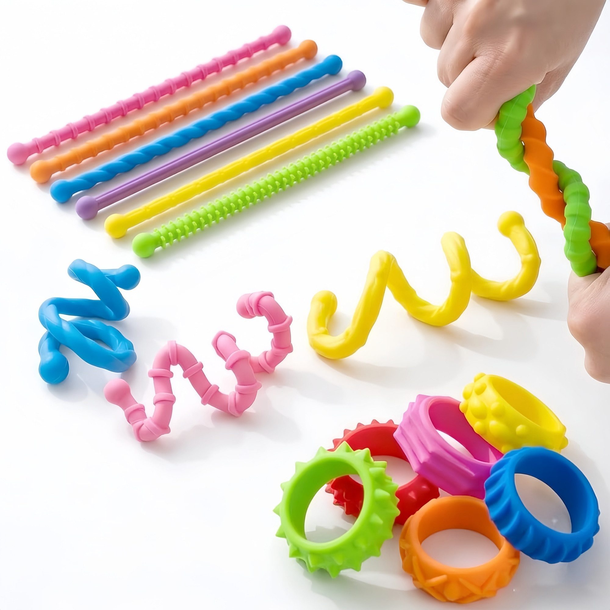 FOUORTUNATE-BEE Lernspielzeug 18-teiliges Sensorik-Spielzeug Set aus Silikon, Anti-Stress Spielzeug (18-St), Verformbare Silikonstäbe und Ringe, Beschäftigungsspielzeug für Hände