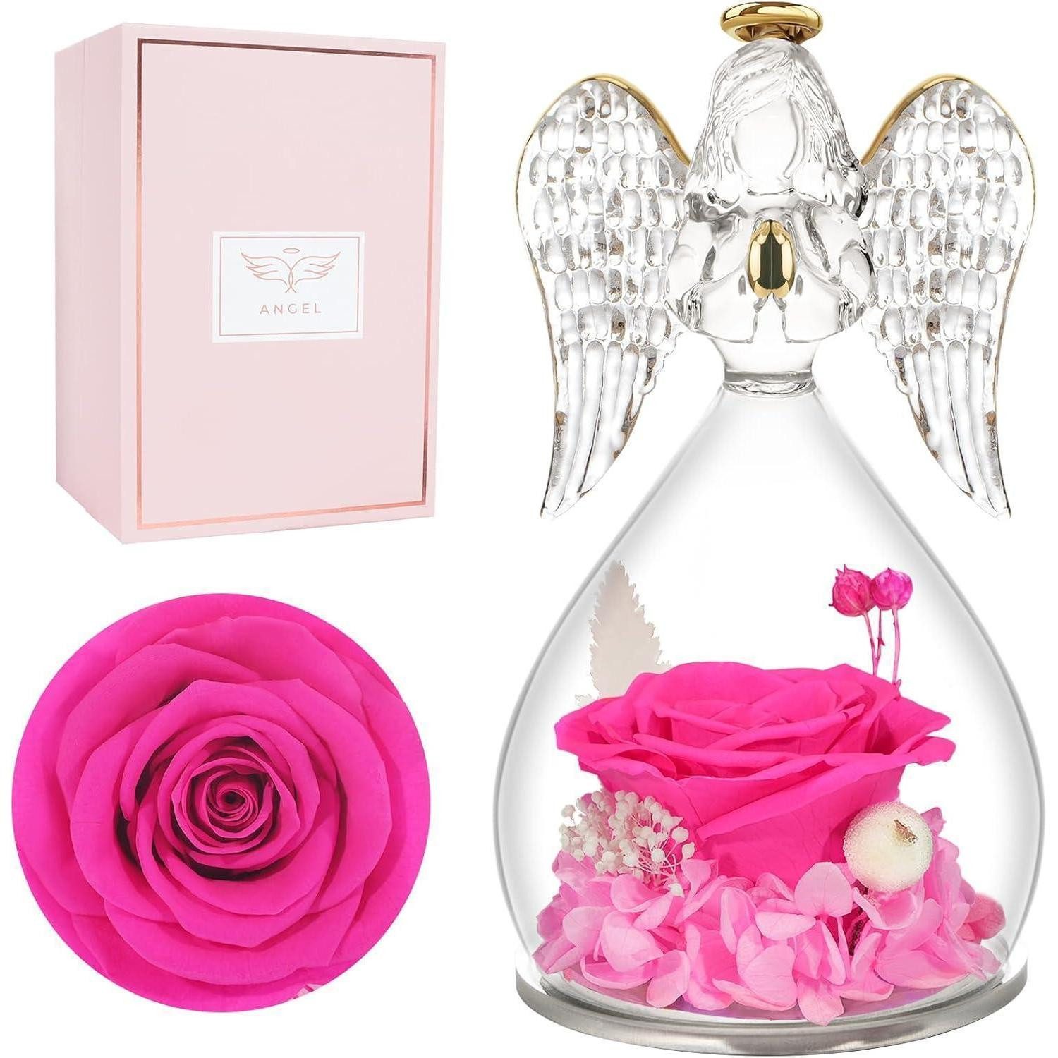LuxusKollektion Engelfigur Engelfigur Ewige Rose Glaskuppel Schutzengel Geschenk Mutter Hotpink