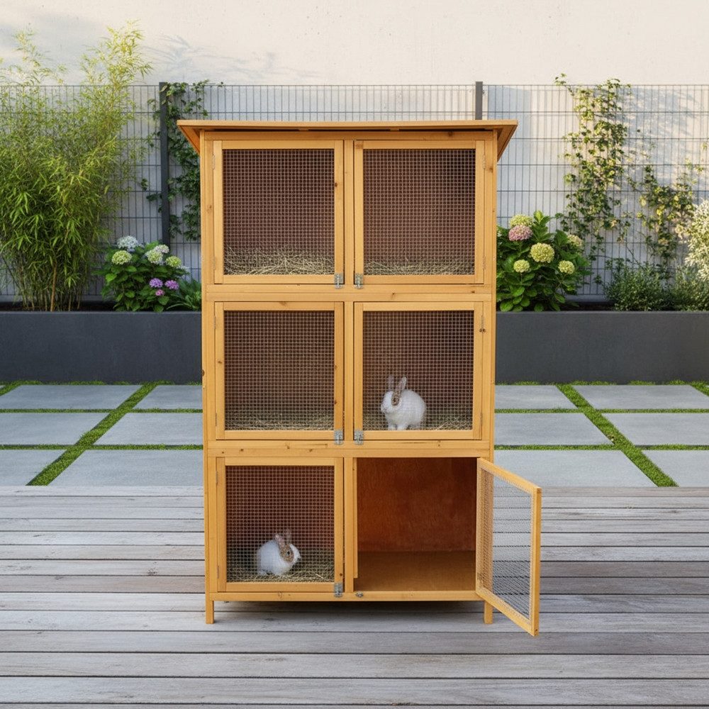 Melko Kleintierstall Kaninchenstall Hasenstall Freigehege mit 6 Boxen Holz, Geeignet für Meerschweinchen, Chinchillas, Kaninchen usw.