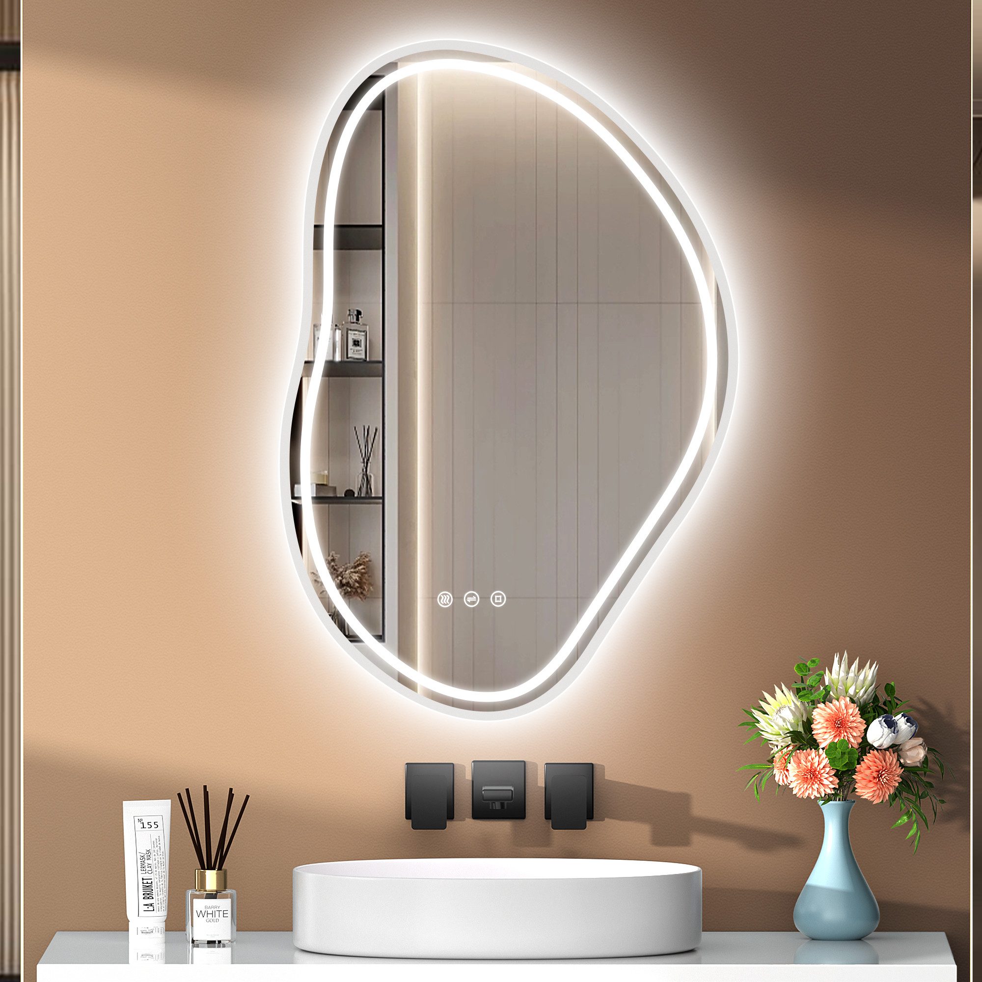 PESENXAN Badspiegel mit Beleuchtung, LED Badezimmerspiegel, 3 Einstellbare Lichtfarben (1-St), Dimmbar, Touch-Schalter, Memory-Funktion, IP44 Wasserfest, 80x53 cm