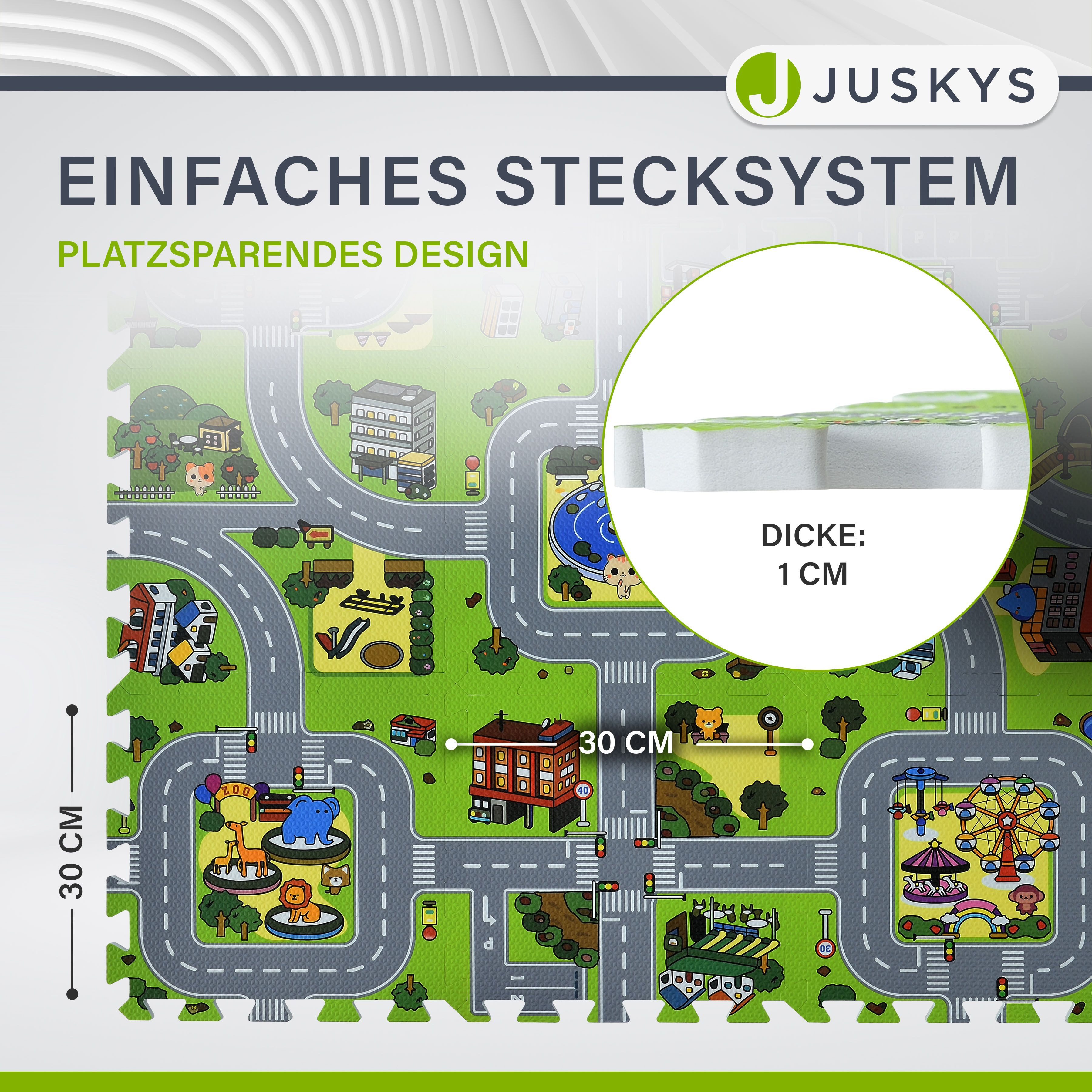 Juskys Puzzlematte Jascha, Straßenteppich, Stadt mit Straßen, Tieren und viele Details