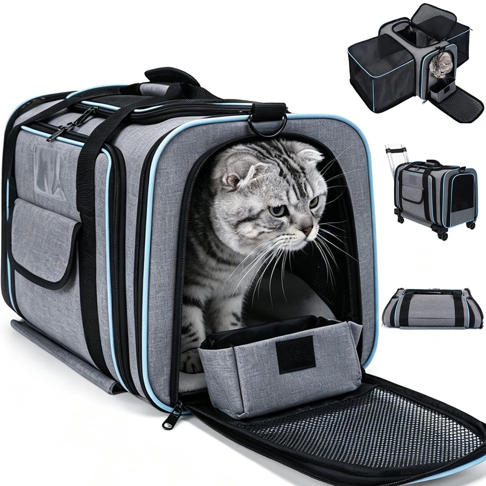 Kityhome Tiertransporttasche Faltbare Katzentransportbox, erweiterbar, Transporttasche für 2 Katzen bis 10 kg, Beidseitig erweiterbar,Grundmaße: 45 × 28 × 30 cm von Kityhome