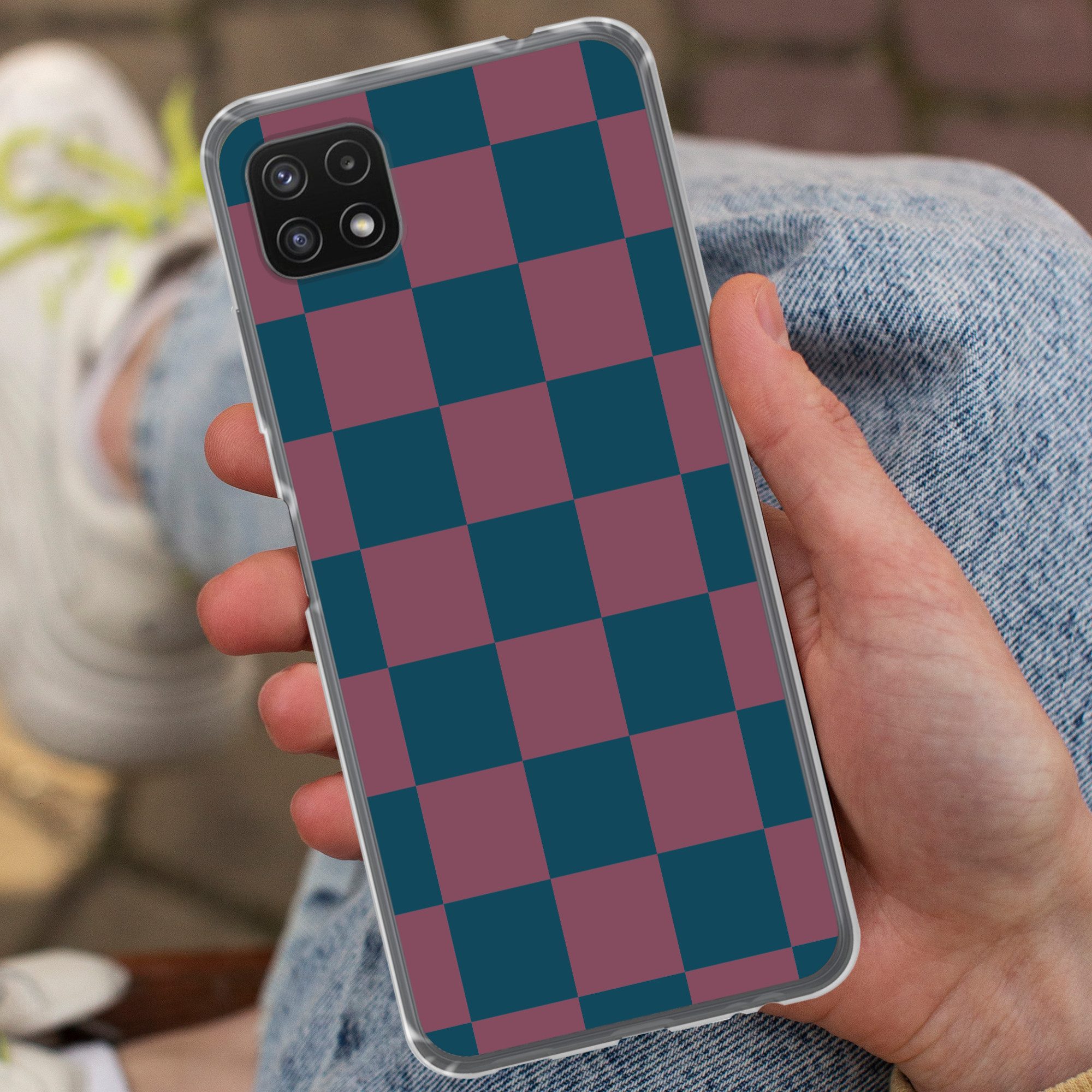 MuchoWow Handyhülle für Samsung Galaxy A22 5G Schachbrett Druck - Blau - Rot - Würfel, Smartphone-Bumper, Print, Handy Schutzhülle Dünn
