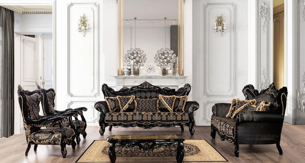 Wohnzimmer mit Gold elegantem Casa Luxus Barock Prunkvolles Muster - Barock / Padrino Sofa Wohnzimmer Sofa - Sofa Schwarz Möbel