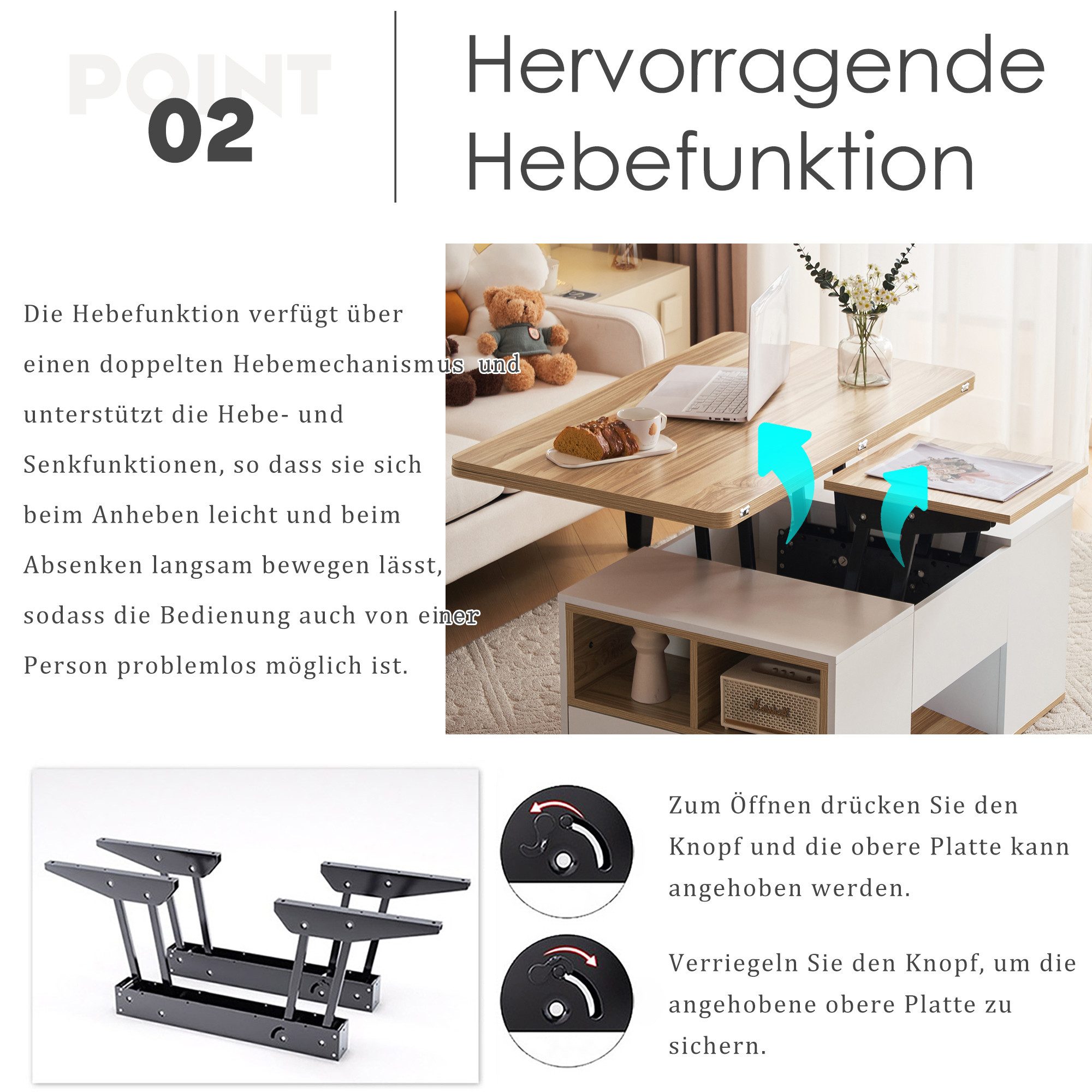 ANYSUN Couchtisch Freizeittisch Multifunktionst (Spar-Set, 1Tisch), Breite 100 cm, Tischplatte öffnet sich zu 2 Tischen
