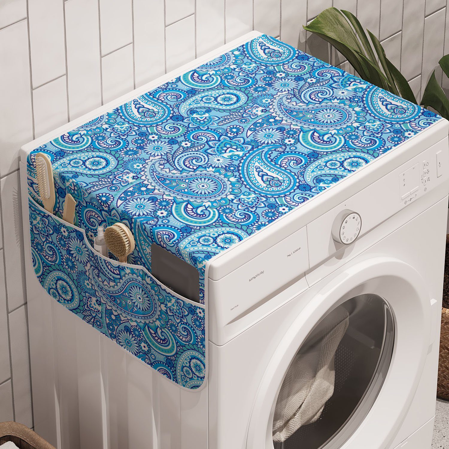 Abakuhaus Badorganizer Anti-Rutsch-Stoffabdeckung für Waschmaschine und Trockner, blau Paisley Blaue Töne Boteh Kunst