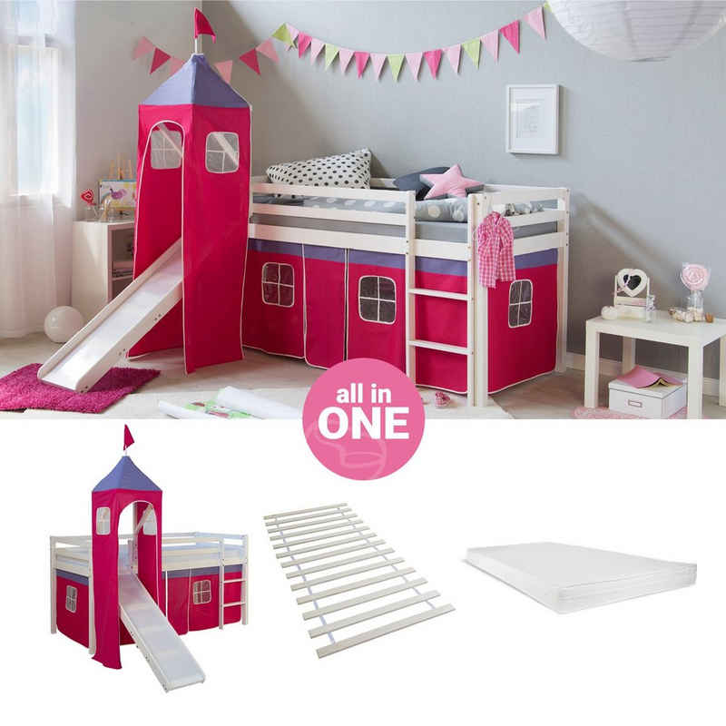 Homestyle4u Hochbett Kinderbett mit Matratze Rutsche Turm Pink Tunnel 90x200 cm