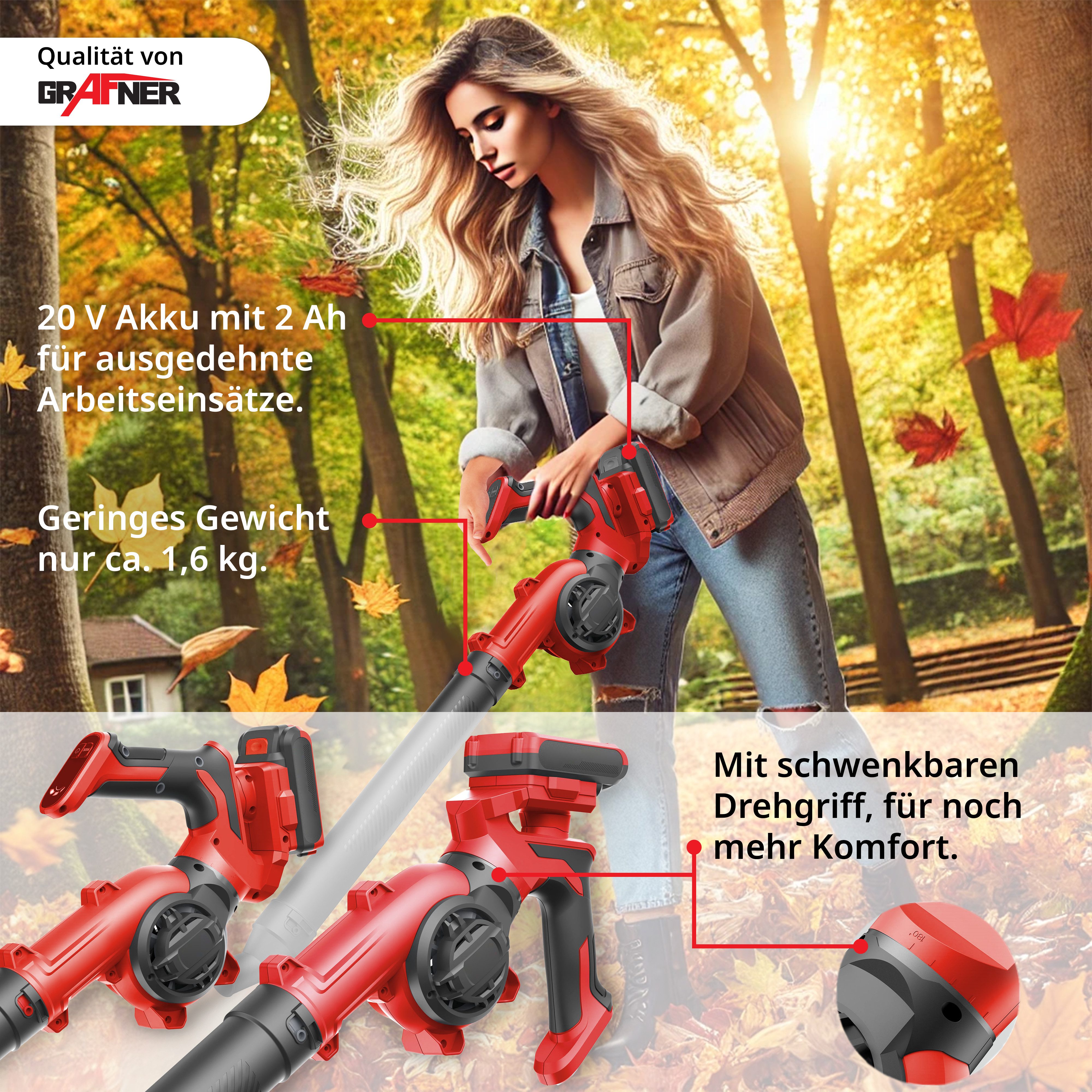 Grafner Akku-Laubbläser Laubbläser Akku Laubgebläse Gebläse 20V, 250 km/h Blasgeschwindigkeit
