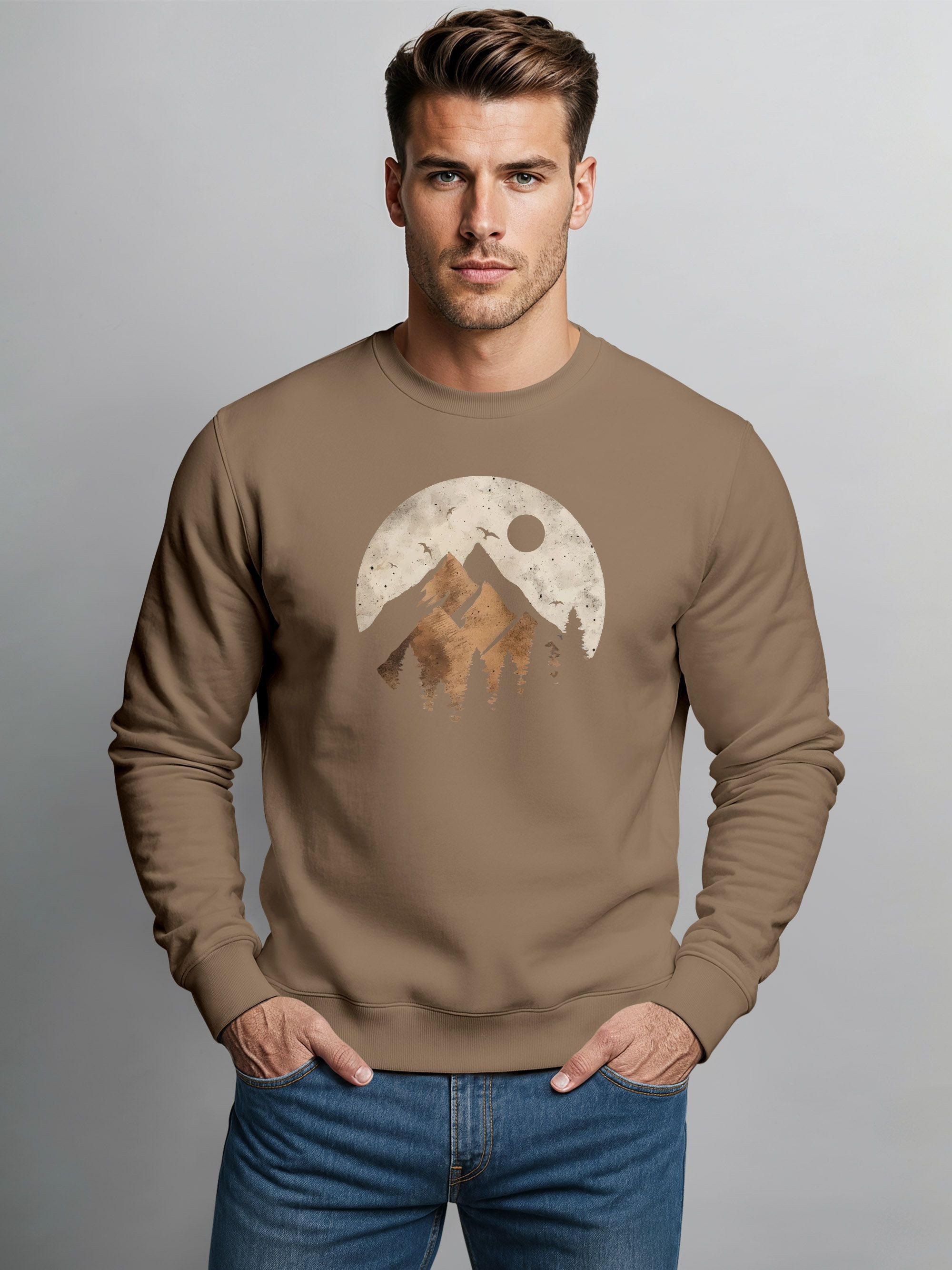 Neverless Sweatshirt Sweatshirt Herren ohne Kapuze Frontprint mit Berg und günstig online kaufen