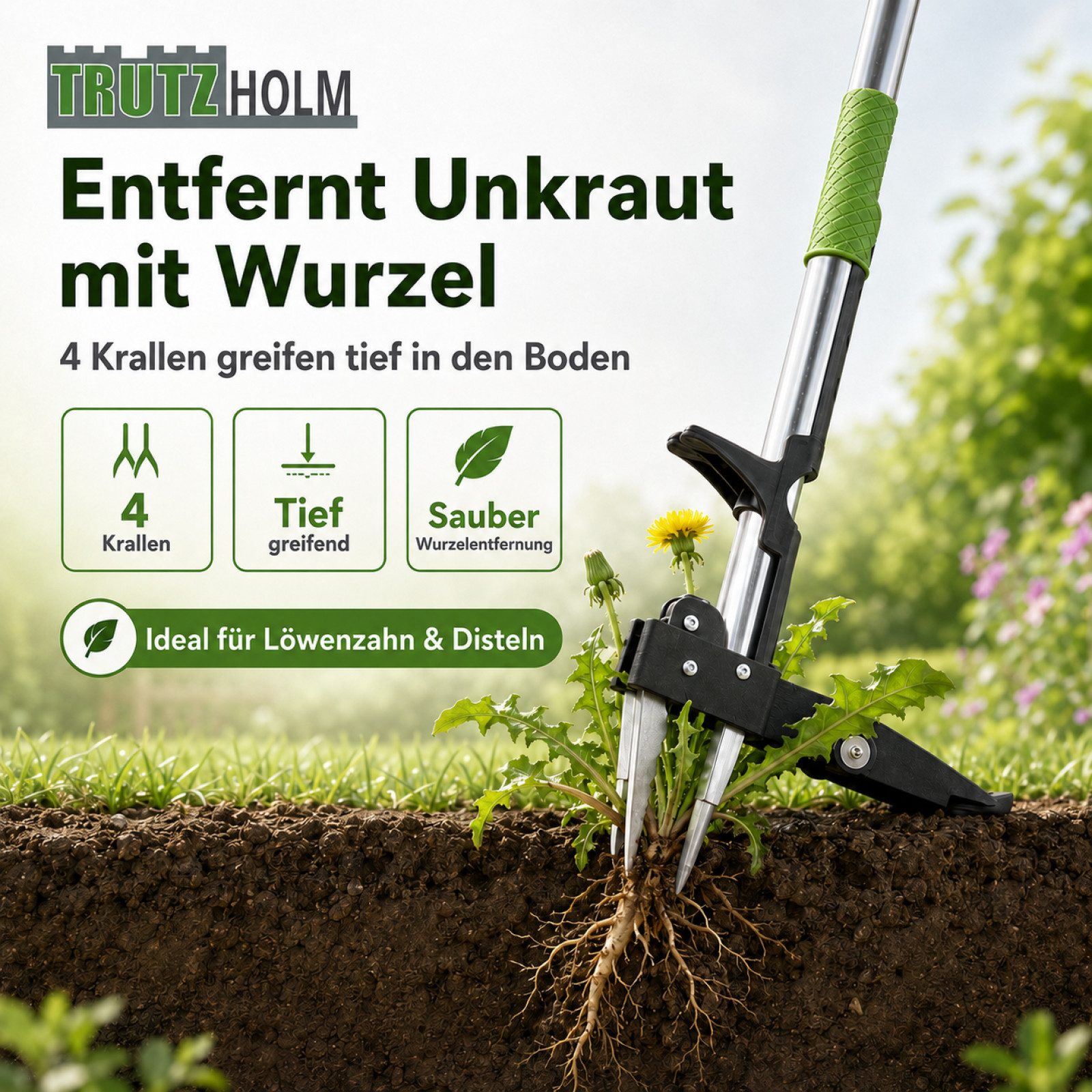 TRUTZHOLM Unkrautstecher Löwenzahnentferner Unkrautentferner 100 cm Länge inkl. 4 Krallen, 100 cm Gesamtlänge