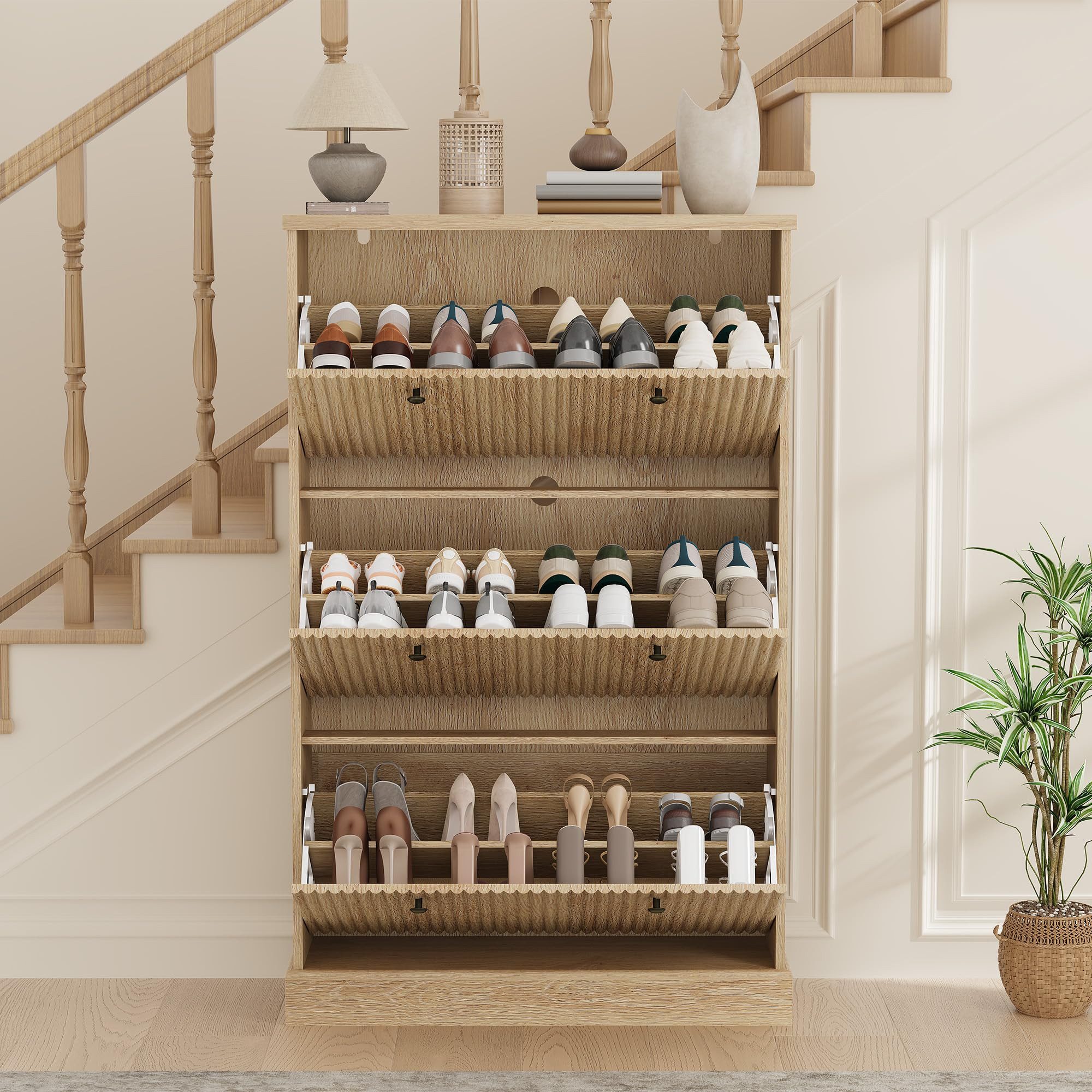 GarveeMore Schuhschrank Moderner Rillenprofil mit 3 Klappschubladen verstellbare Einlegeböden (1-St) (B80/T25/H129 cm) Schuhregal für 18–24 Paar Schuhe, für Flur und Diele