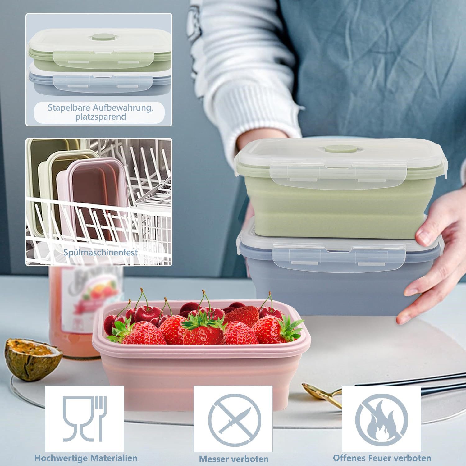 FOUORTUNATE-BEE Lunchbox 3 Stück 550ML Faltbare Lunchbox Silikon Faltbare Brotdose mit Deckel, (Faltbare Frischhalteboxen, 3-tlg) – Bild 3 von 5