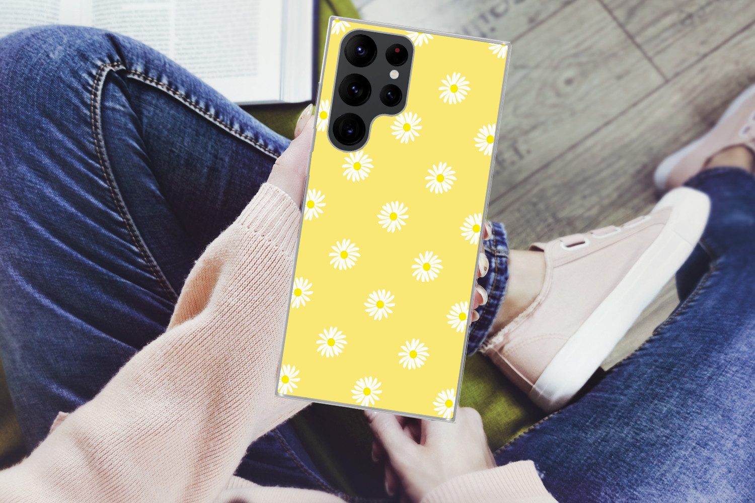 MuchoWow Handyhülle für Samsung Galaxy S22 Ultra Gänseblümchen - Pastell - Weiß - Gelb - B, Phone Case, Silikon, Schutzhülle Dünn