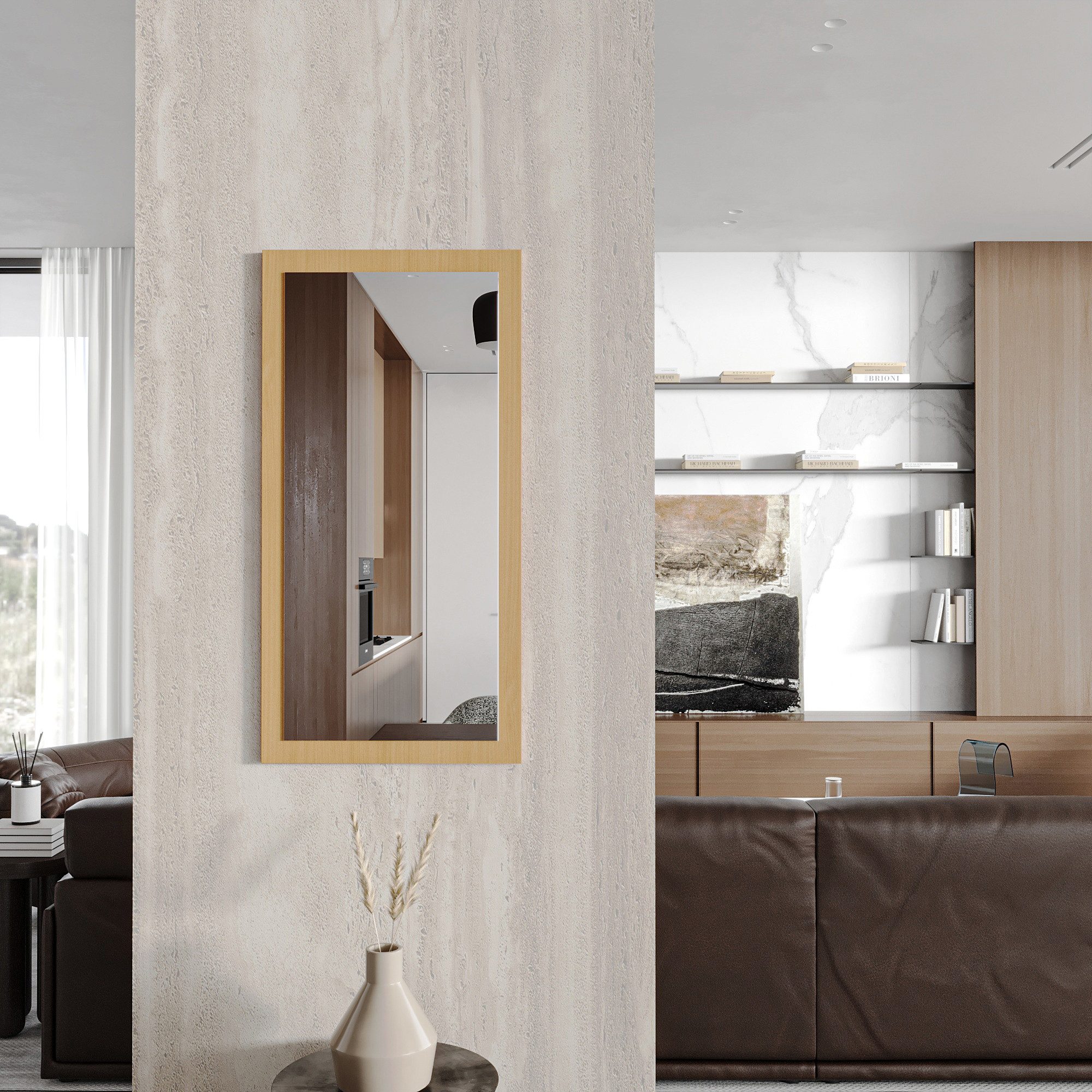 MySpiegel.de Wandspiegel Doman auf dekorativen Holzplatte im modernen Stil mit elegantem Rahmen