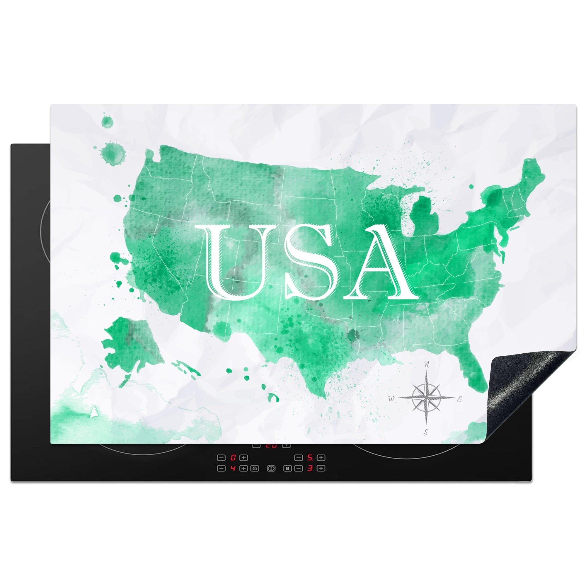 MuchoWow Herdblende-/Abdeckplatte Weltkarte - Vereinigte Staaten - Grün, Vinyl, (1 tlg), 81x52 cm, Induktionskochfeld Schutz für die küche, Ceranfeldabdeckung