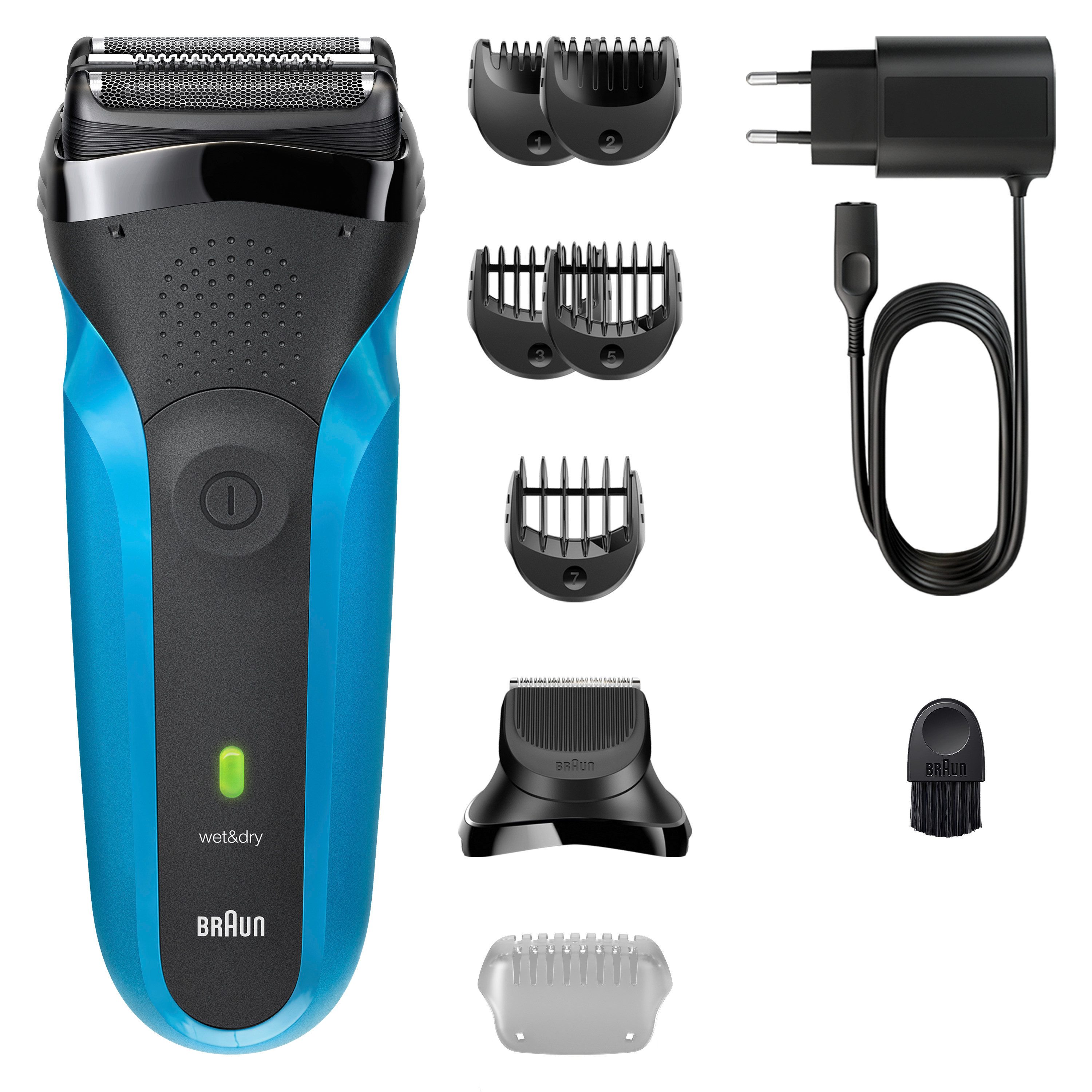 Braun Elektrorasierer Series 3 310BT, Aufsätze: 6, flexible Klingen, Barttrimmer Aufsatz, +5 Kammaufsätze blau|schwarz