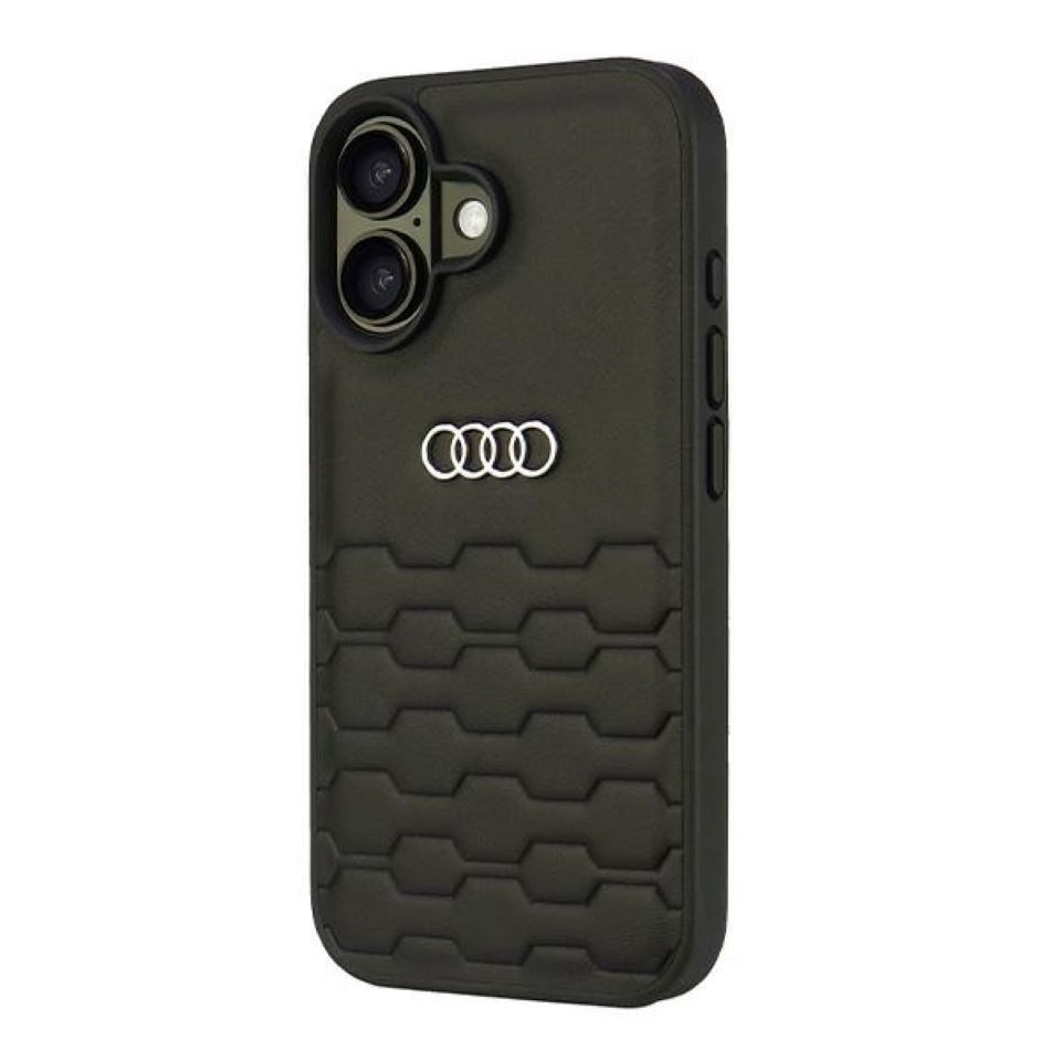 Audi Handyhülle iPhone 16 Kunstleder schwarz Logo Metall 6,1 Zoll, Kantenschutz