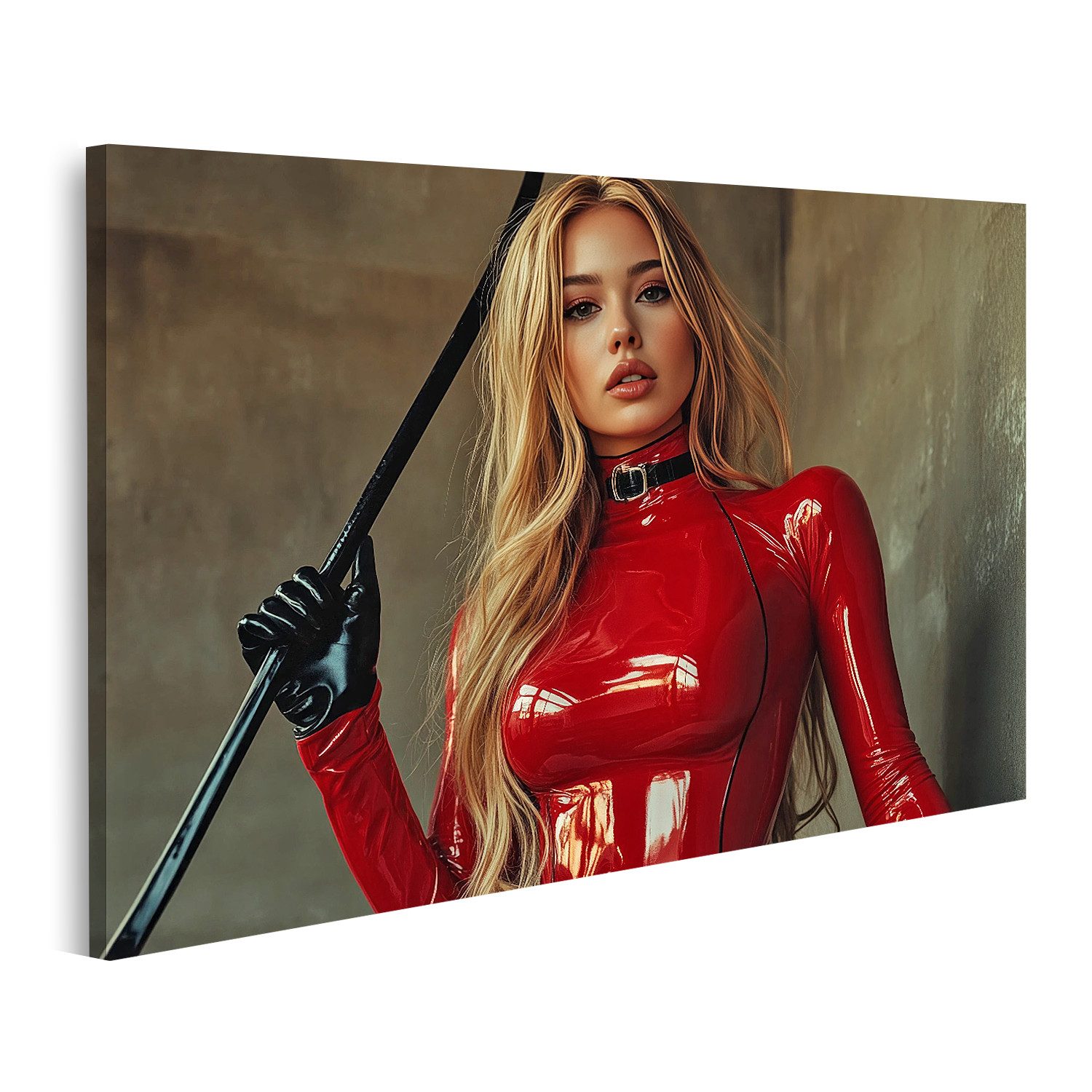 islandburner Leinwandbild, Frau in rotem Latexanzug mit Peitsche
