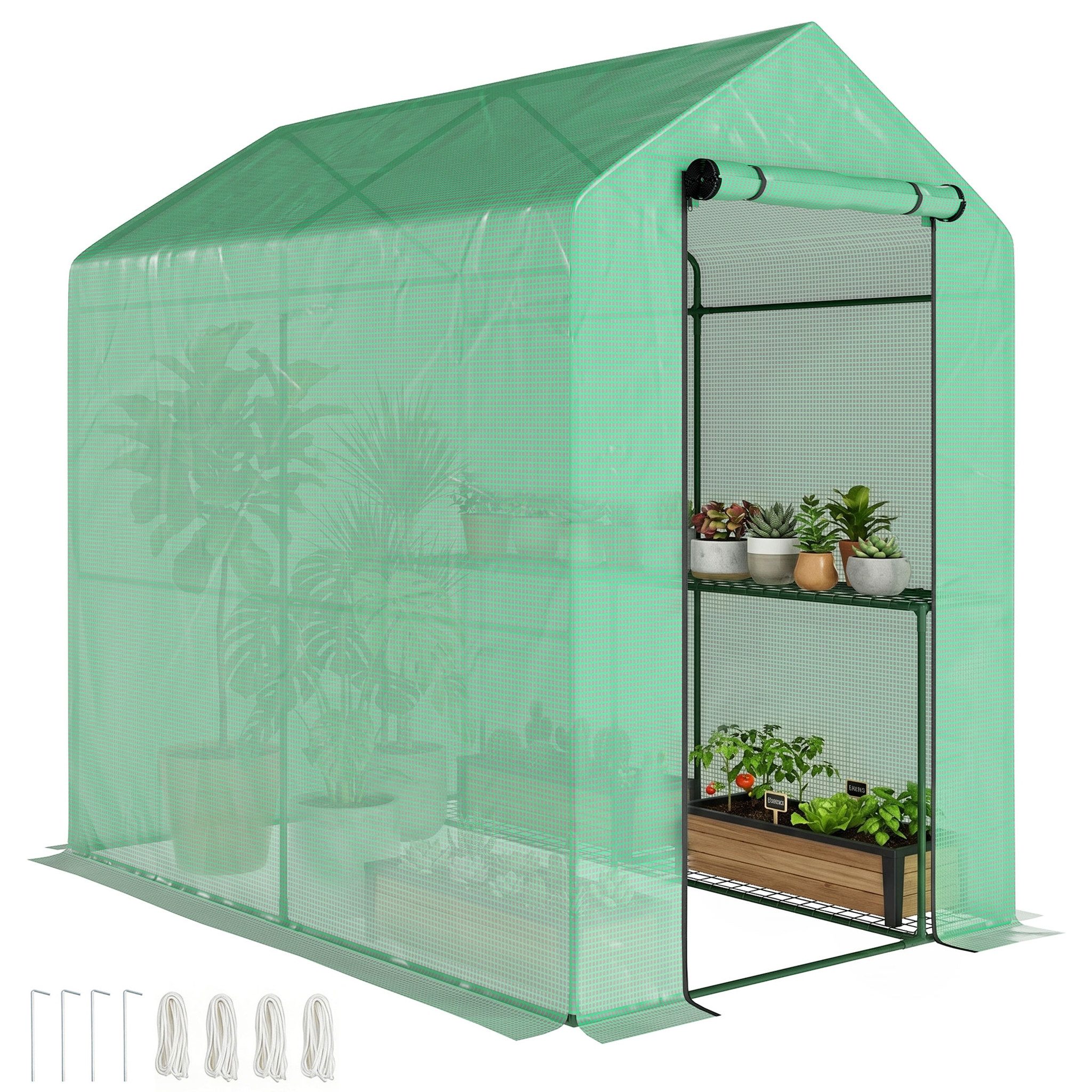MC Star Gewächshaus Gewächshaus aus Polyethylenfolie mit 2-stufigem Regal, Balkongewächshaus, verstärkte 140 g/m²-Folie, Stahlrahmen, 186 x 120 x 190 cm, grün