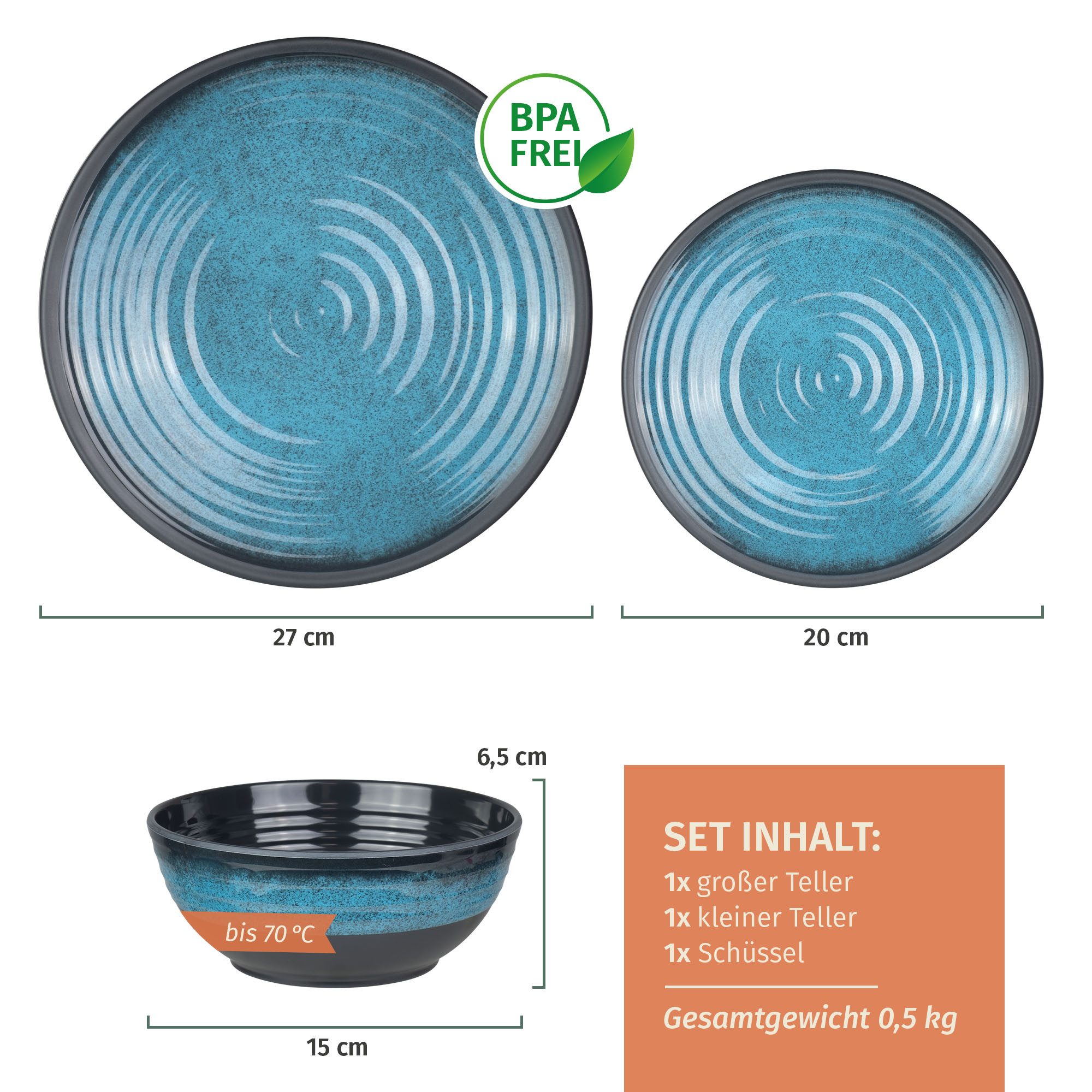 Moritz Geschirr-Set Camping Geschirr Stone Blue 3-teilig, Melamin, 3 tlg, Geschirrset Campinggeschirr Picknick Geschirr Bootsgeschirr