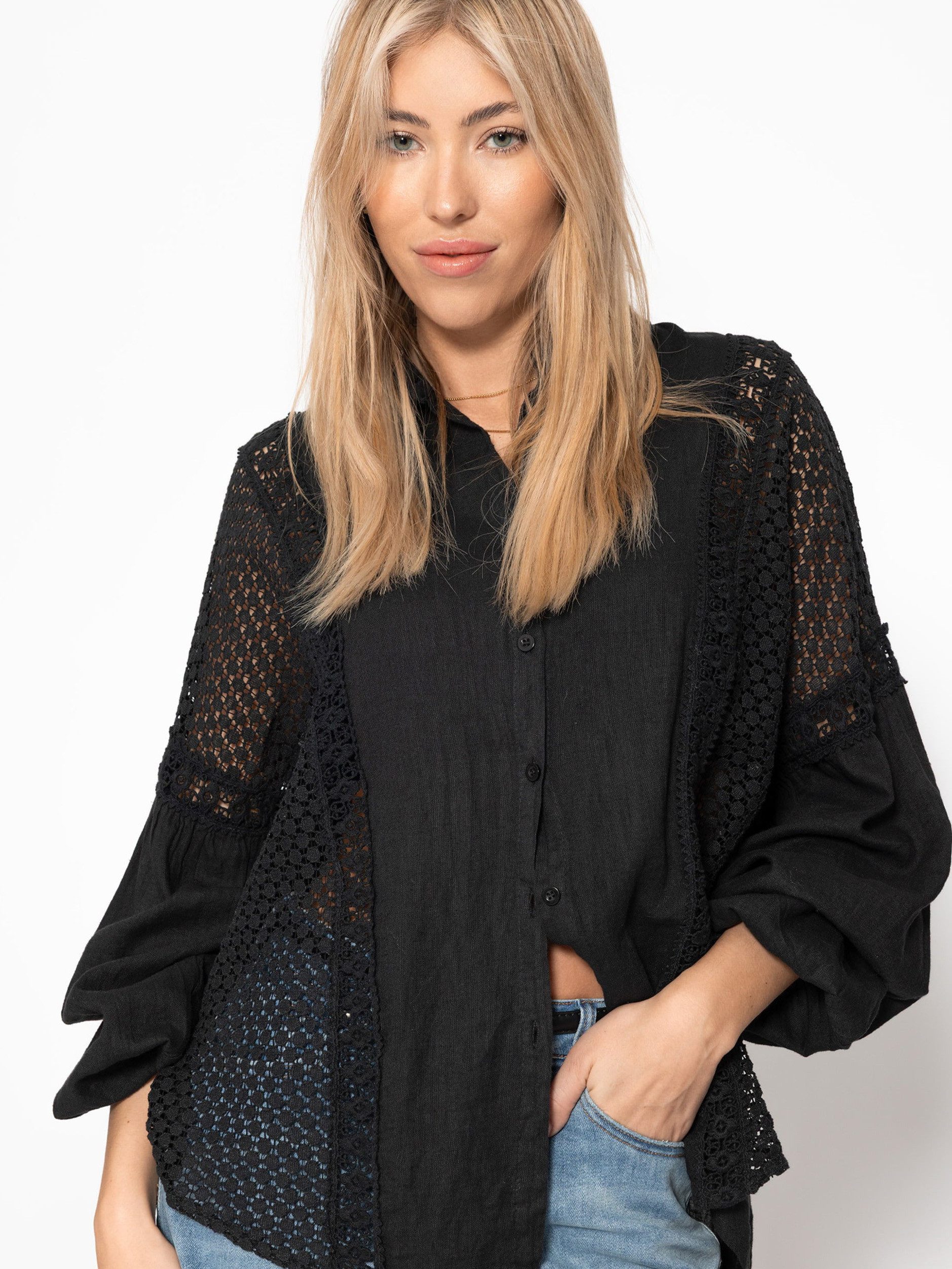 SASSYCLASSY Langarmbluse Leinen Bluse Damen mit Spitzeneinsätzen Oversize Blusenhemd Elegant mit Spitze und V-Ausschnitt Schwarz Weiß