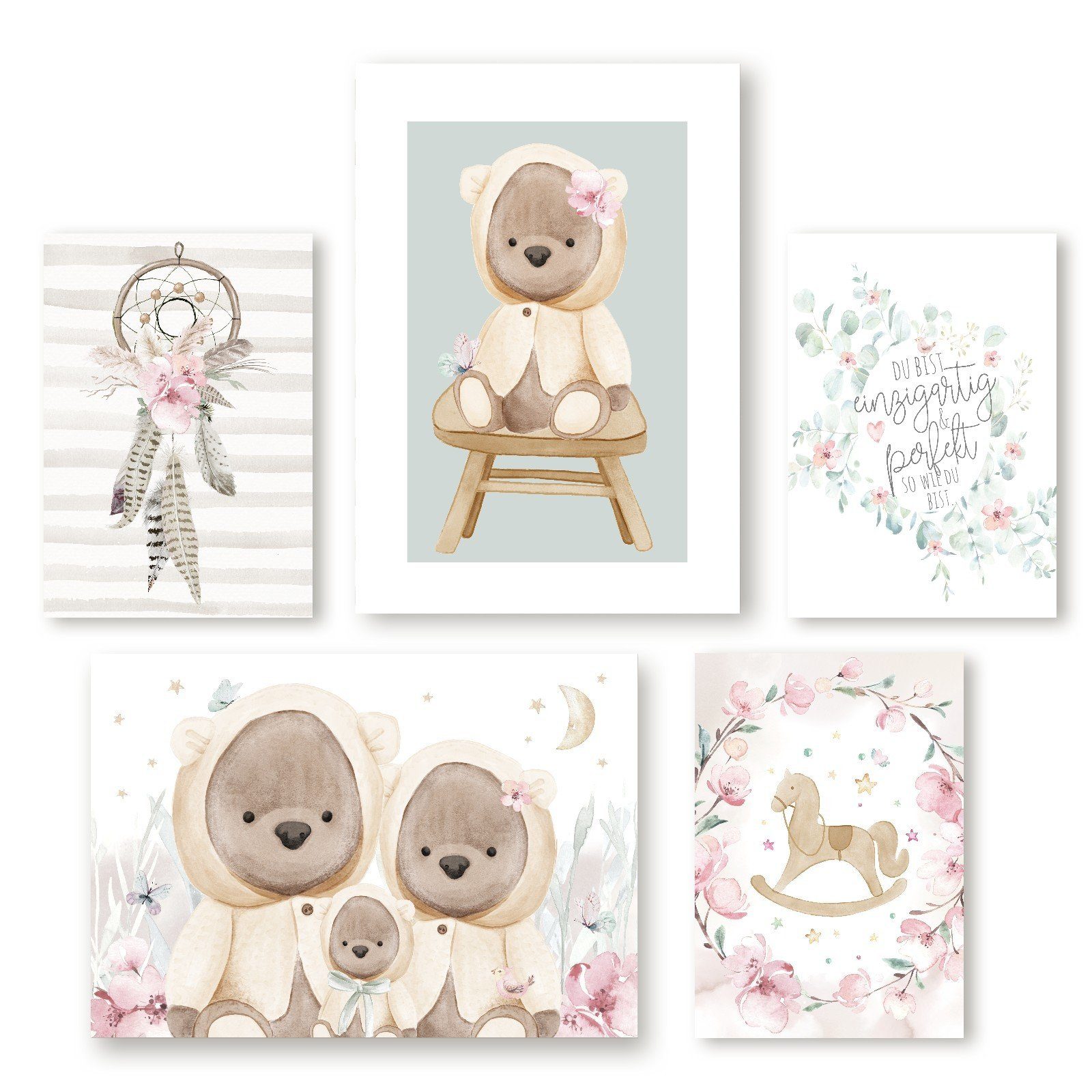 homestyle-accessoires Poster Bilderset Kinderzimmer Kinderbilder DU BIST EINZIGARTIG, (5 St), - Ohne Bilderrahmen - sorgfältige & sichere Verpackung
