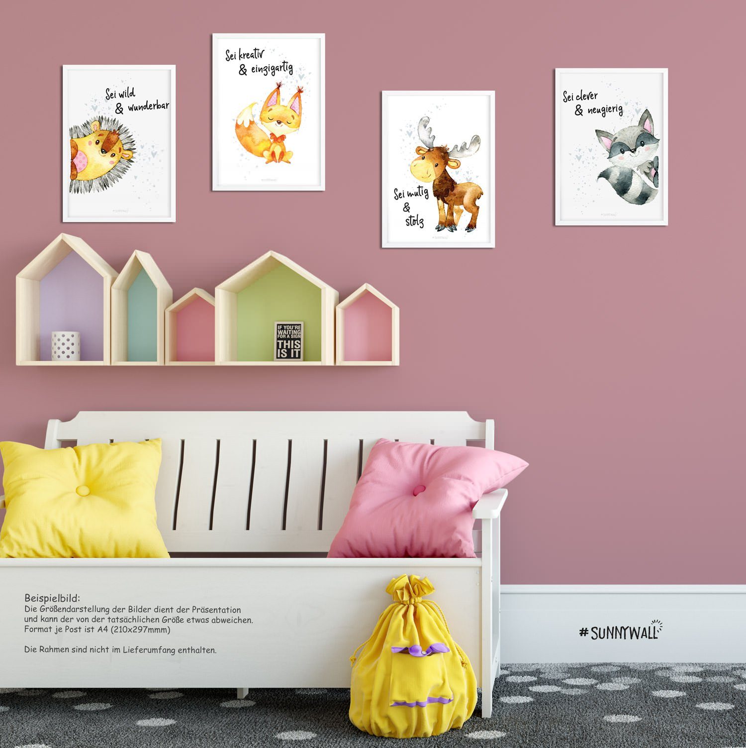 Sunnywall Poster Poster Kinderzimmer Igel Waschbär Elch Waldtiere mit Spruch (4er Set), Igel, Waschbär, Eichhörnchen & Elch (Waldtiere) (Set), ungerahmt