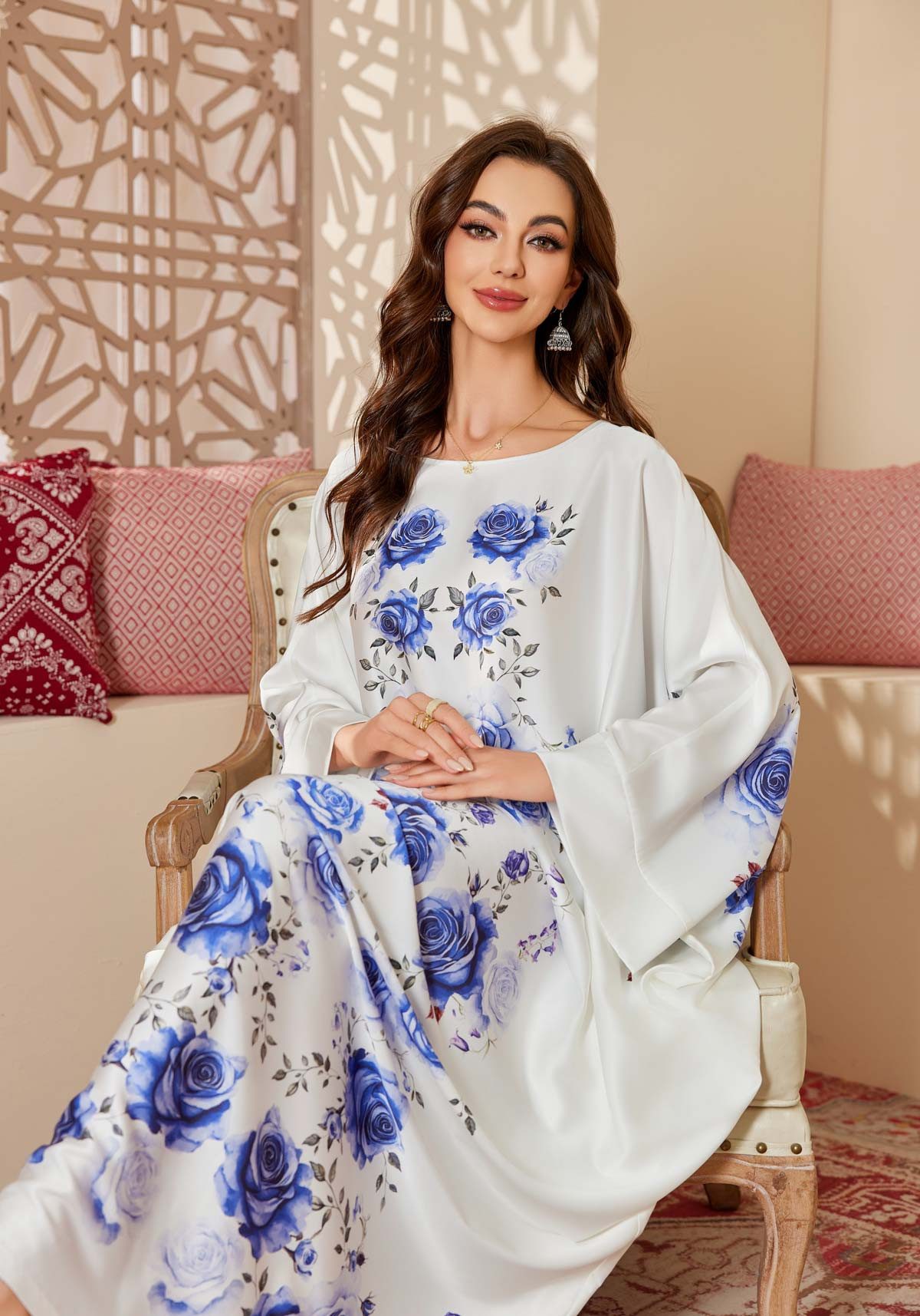 Vivi Idee Morgenmantel Kaftan Kimono Bademantel, Schlafmantel satin Sauna Einheitsgröße, Rund-Kragen/V-Kragen, kein Verschluss, Einheitsgröße, seidig – Bild 4 von 5