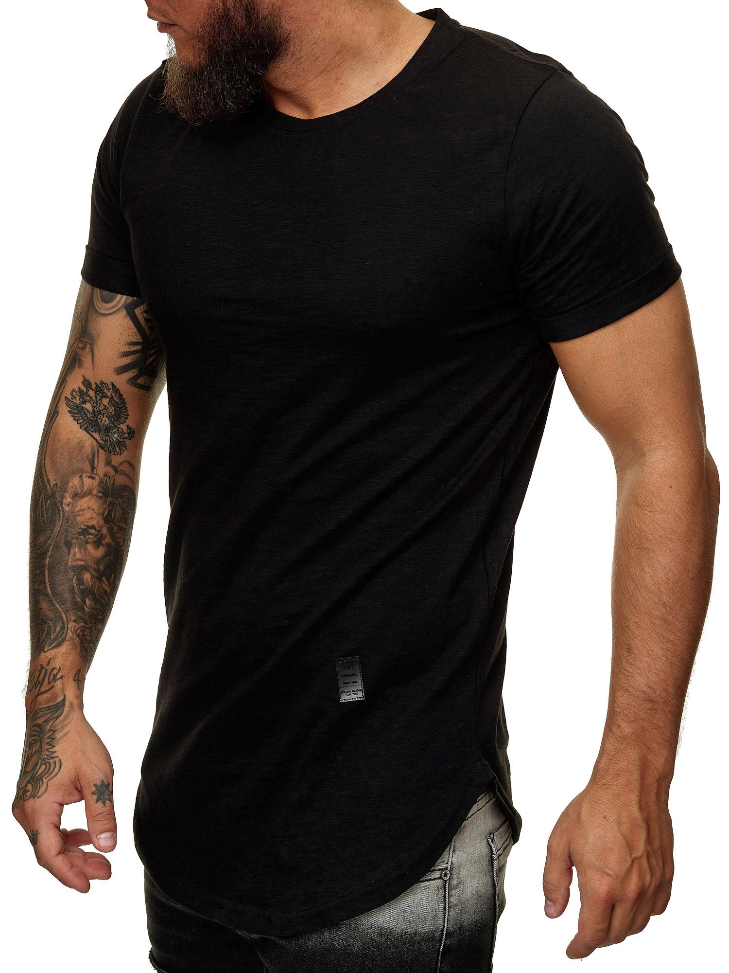 Herren Neck T-Shirt Code47 Basic Oversize Zipper Round (1-tlg) T-Shirt Shirt Schwarz Vintage Shirt