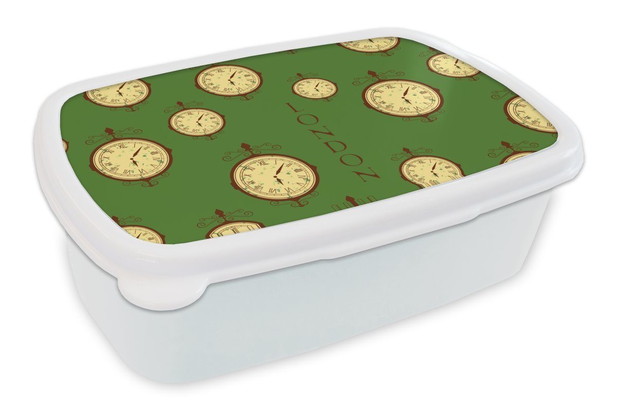 Mädchen weiß und Brotbox (2-tlg), Brotdose, Muster, - Kunststoff, für und Vintage - MuchoWow Uhr Erwachsene, für Lunchbox - Jungs London Kinder