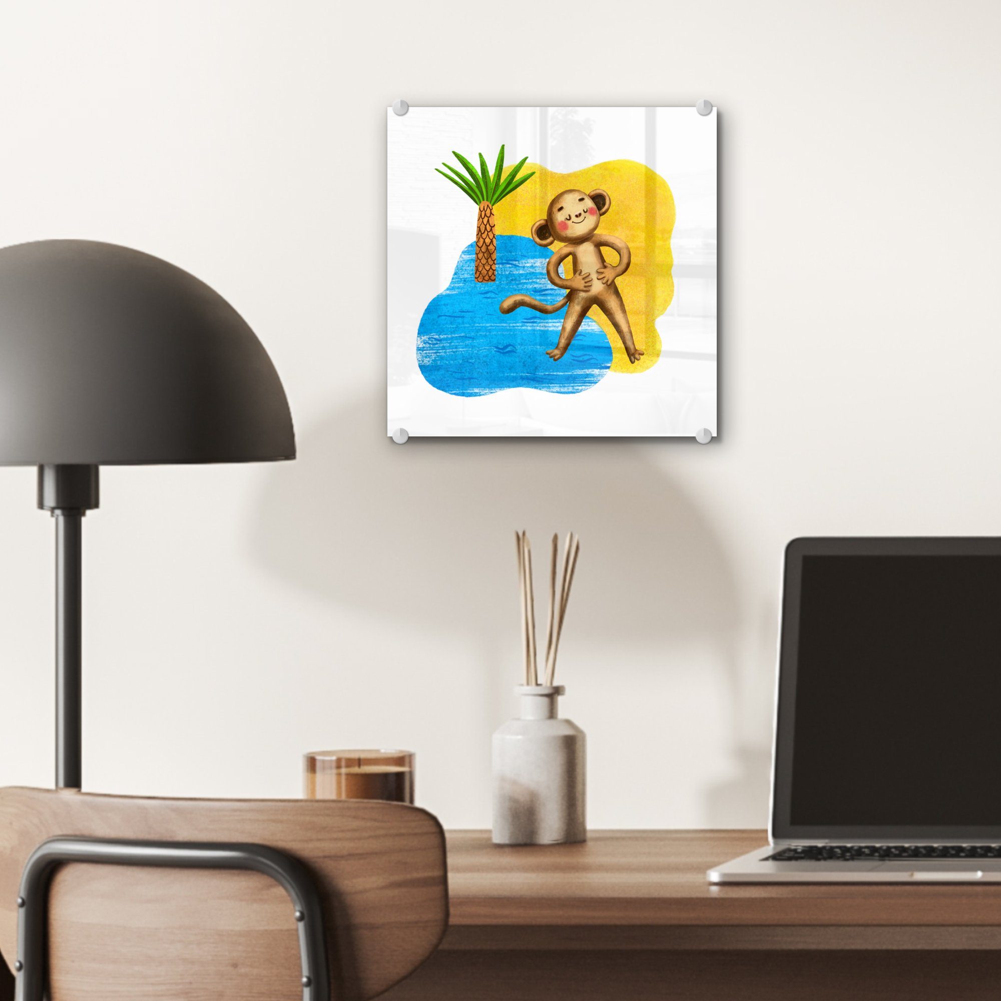 Palme Wandbild auf Acrylglasbild Affe - Foto Bilder - St), - (1 Glas - MuchoWow Glas Wanddekoration - Meer, Glasbilder auf