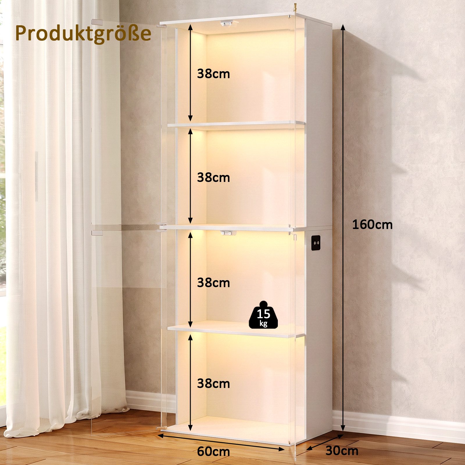 SVEYLXA Vitrine Moderne Vitrine mit LED Beleuchtung, 160 cm Hochschrank mit Glastüren (1-St) 4 Ebenen, Schwarz/Weiß – Bild 3 von 5