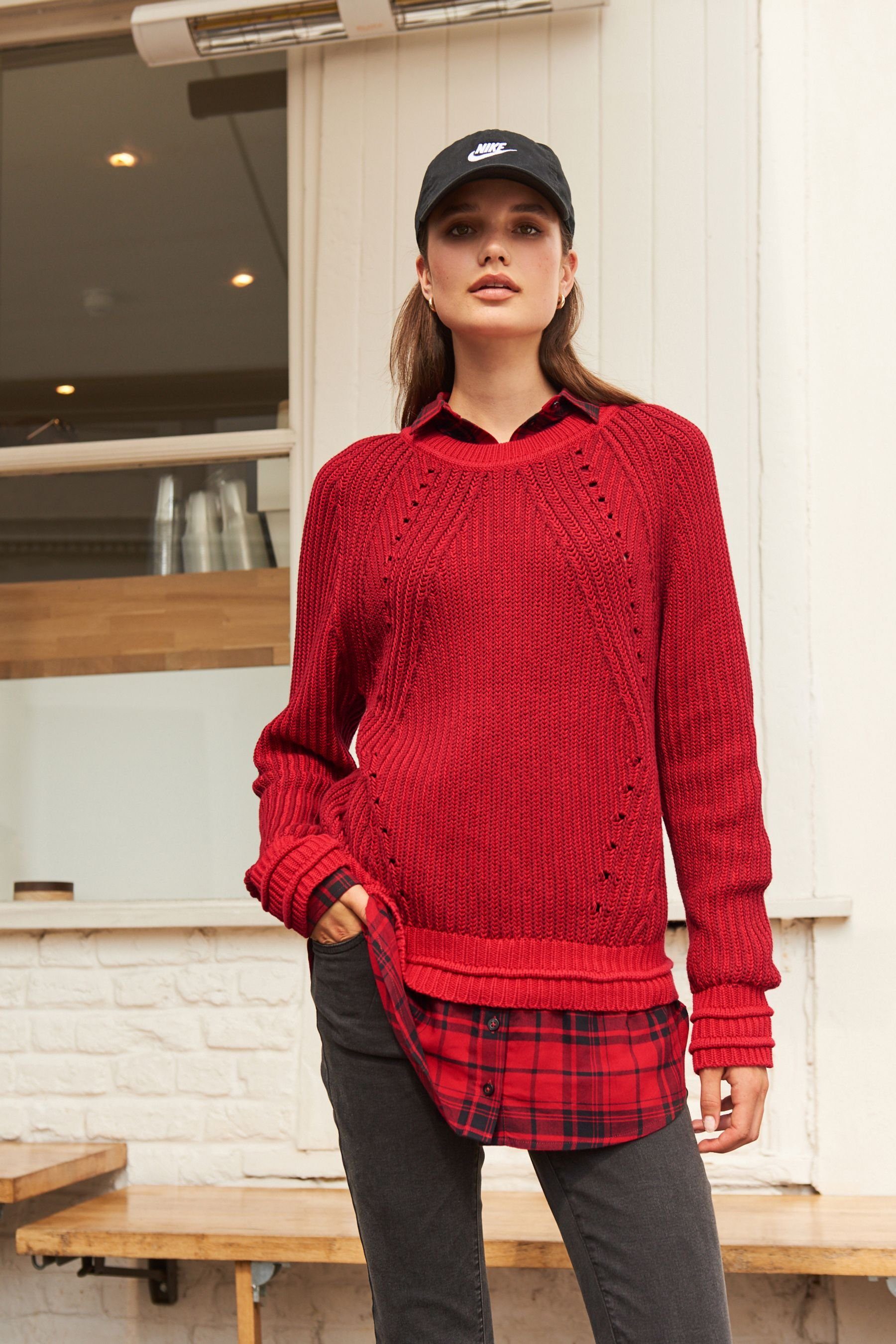 Next 2-in-1-Pullover Pullover mit Blusendetail Karierter Red (1-tlg)