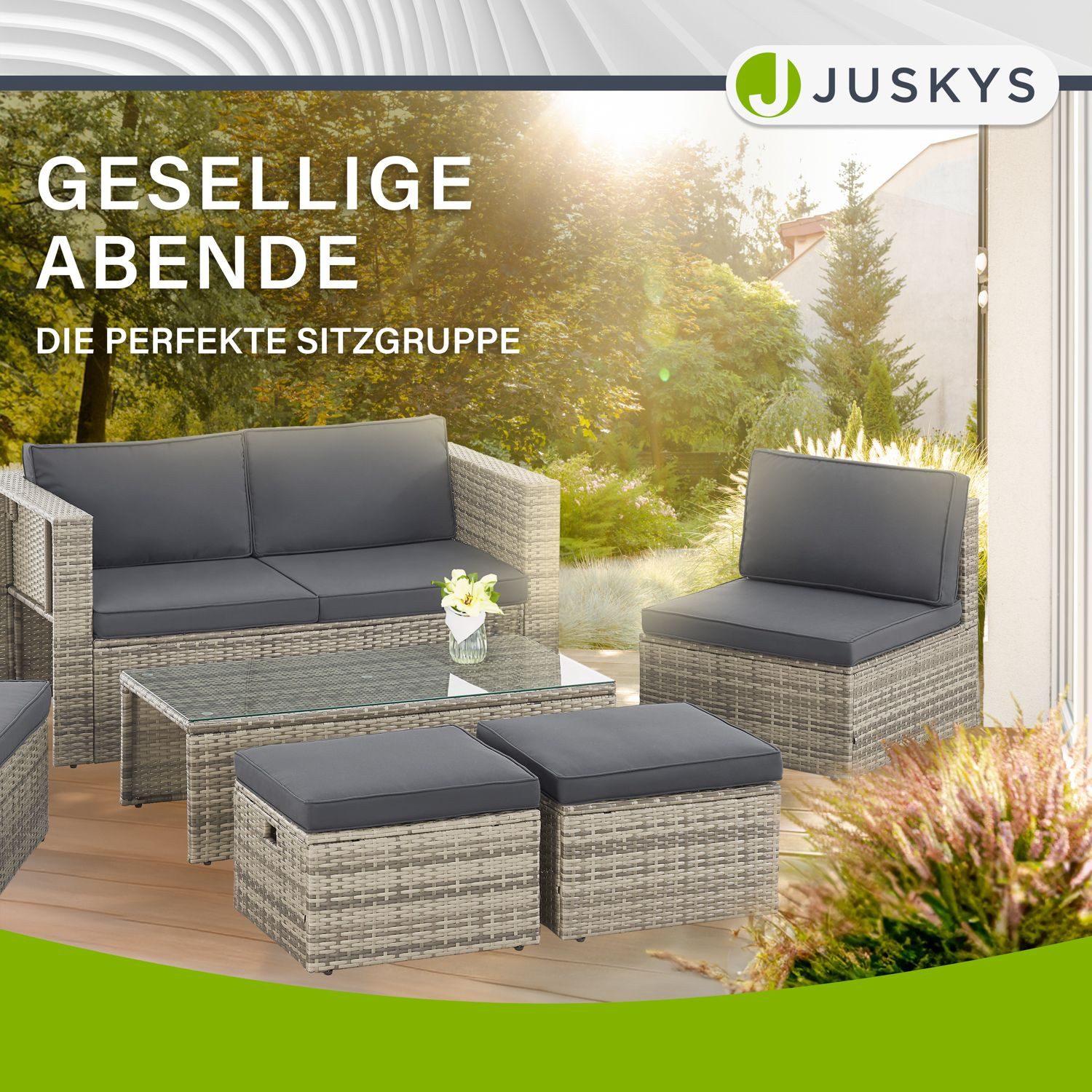 Juskys Gartenlounge-Set Salou, (6-tlg), für 6 Personen, Polyrattan, Glasplatte, wetterfest, mit Kissen