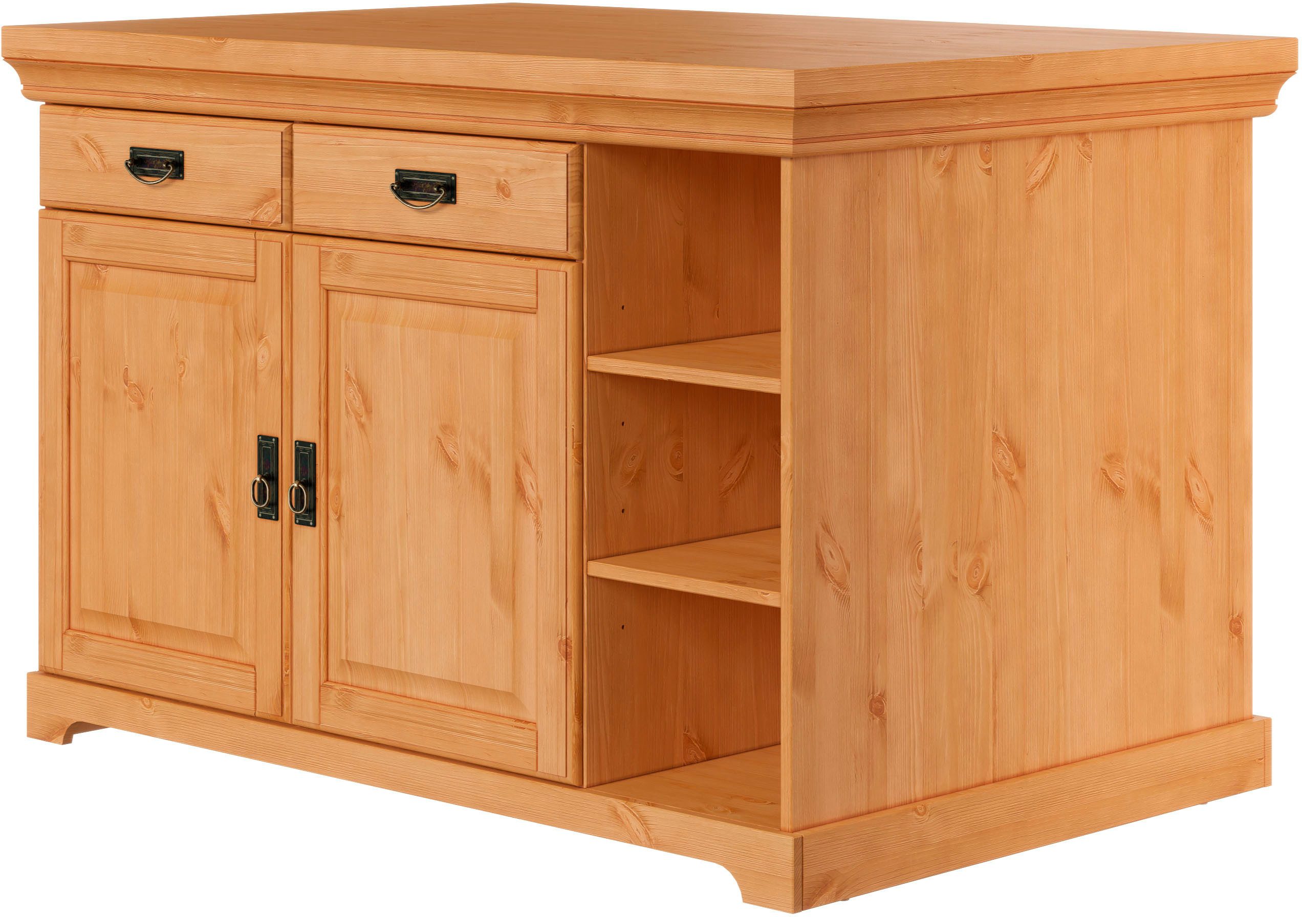 Home affaire Kücheninsel Rügen, Breite 130 cm, Kiefer massiv, mit Türen, Schubkästen, offenen Fächern