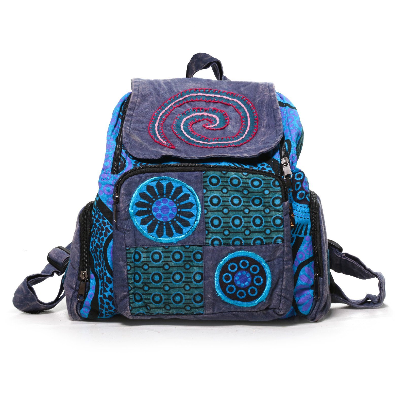 KUNST UND MAGIE Rucksack Kunst und Magie Bunt Hippie Rucksack "Spirale" Stonewashed Nepal Fair Blau