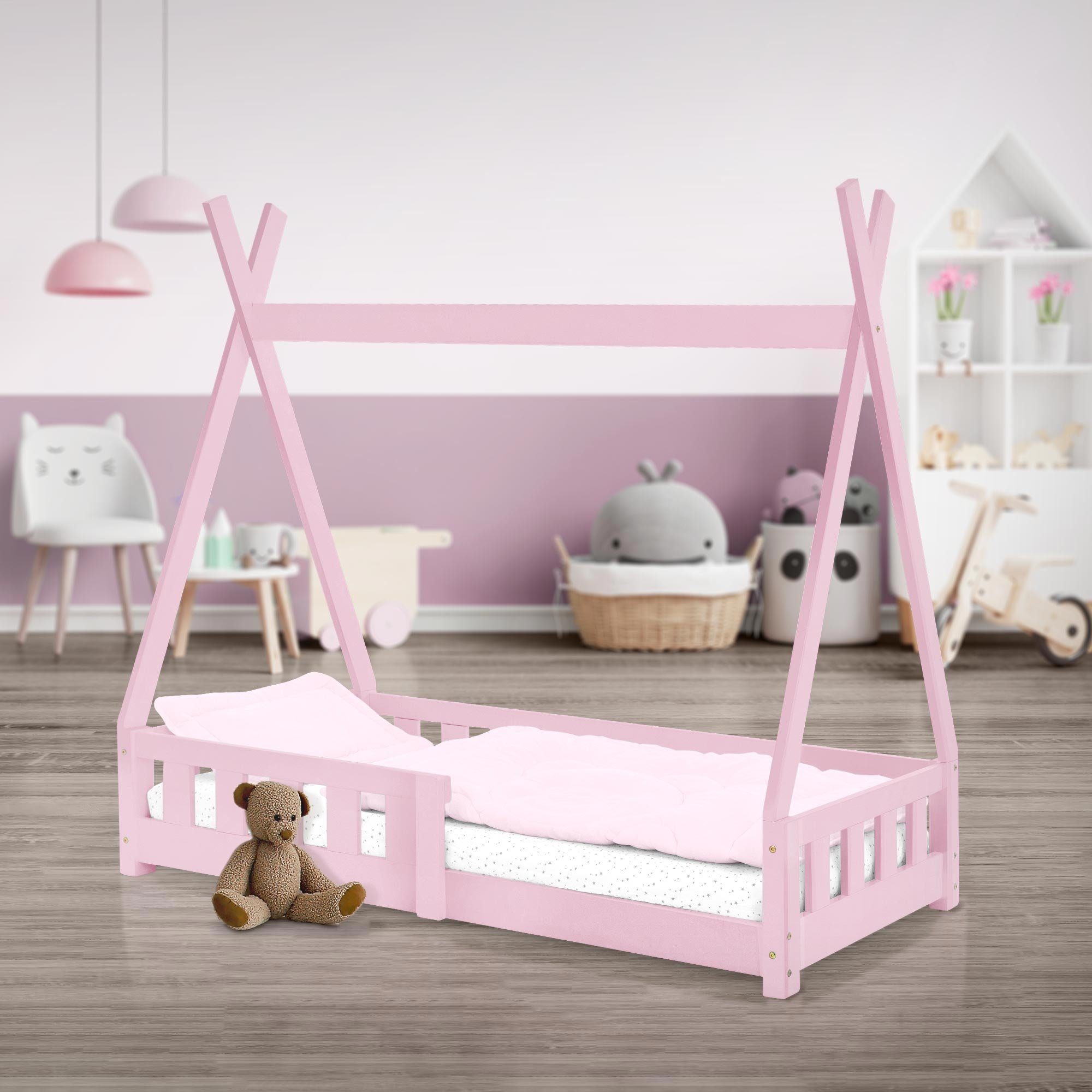 ML-DESIGN Kinderbett Hausbett mit Rausfallschutz und Lattenrost Massivholz, Bett 70x140 Rosa aus Kiefernholz Spielbett Zelt mit Zaun