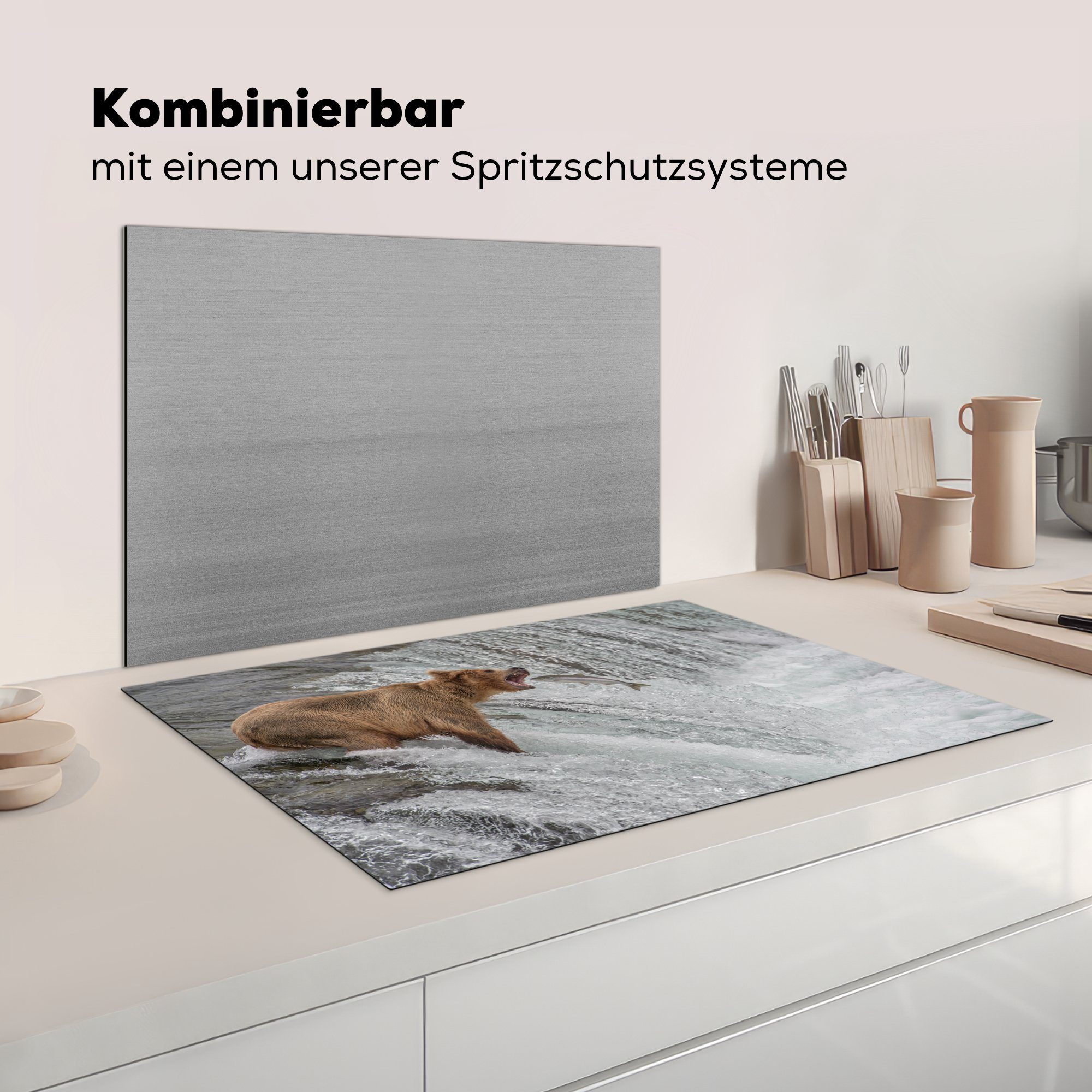 Induktionskochfeld - - küche, Lachs für die cm, (1 Schutz Herdblende-/Abdeckplatte Wasserfall, tlg), Ceranfeldabdeckung 81x52 Vinyl, Bär MuchoWow